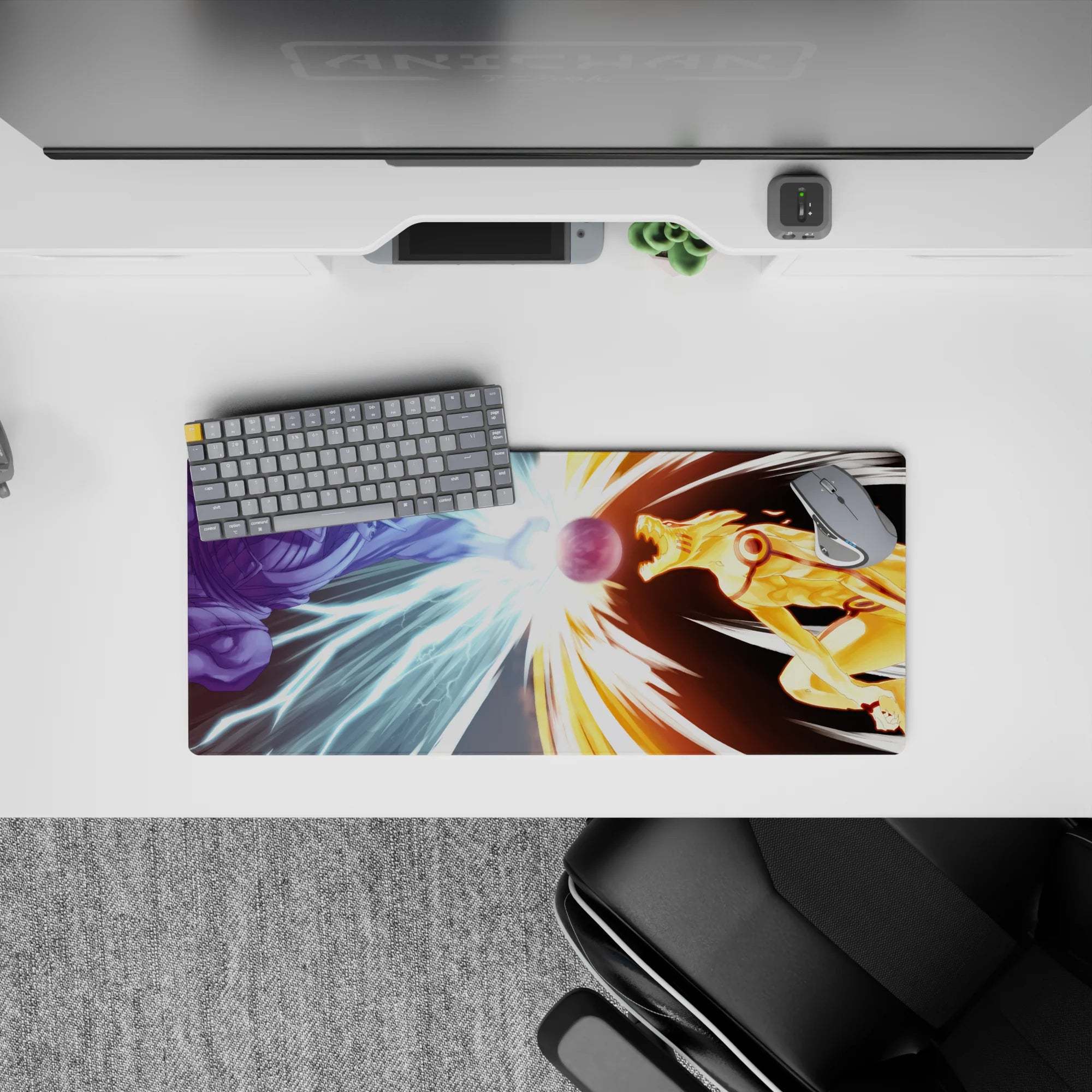 28x12 inches anime mouse pad in icy blue and molten gold-orange, fast streaks and high-impact vibe.