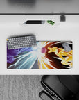 28x12 inches anime mouse pad in icy blue and molten gold-orange, fast streaks and high-impact vibe.