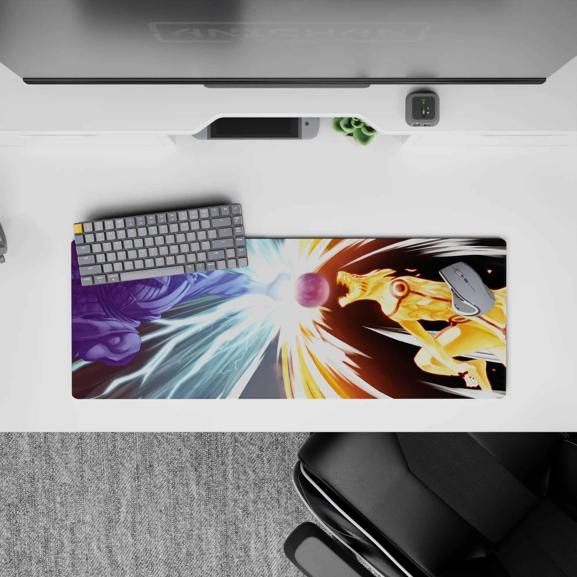 Icy blue vs molten gold anime desk mat 32x12 inches, streaky fast lines and glowing impact.