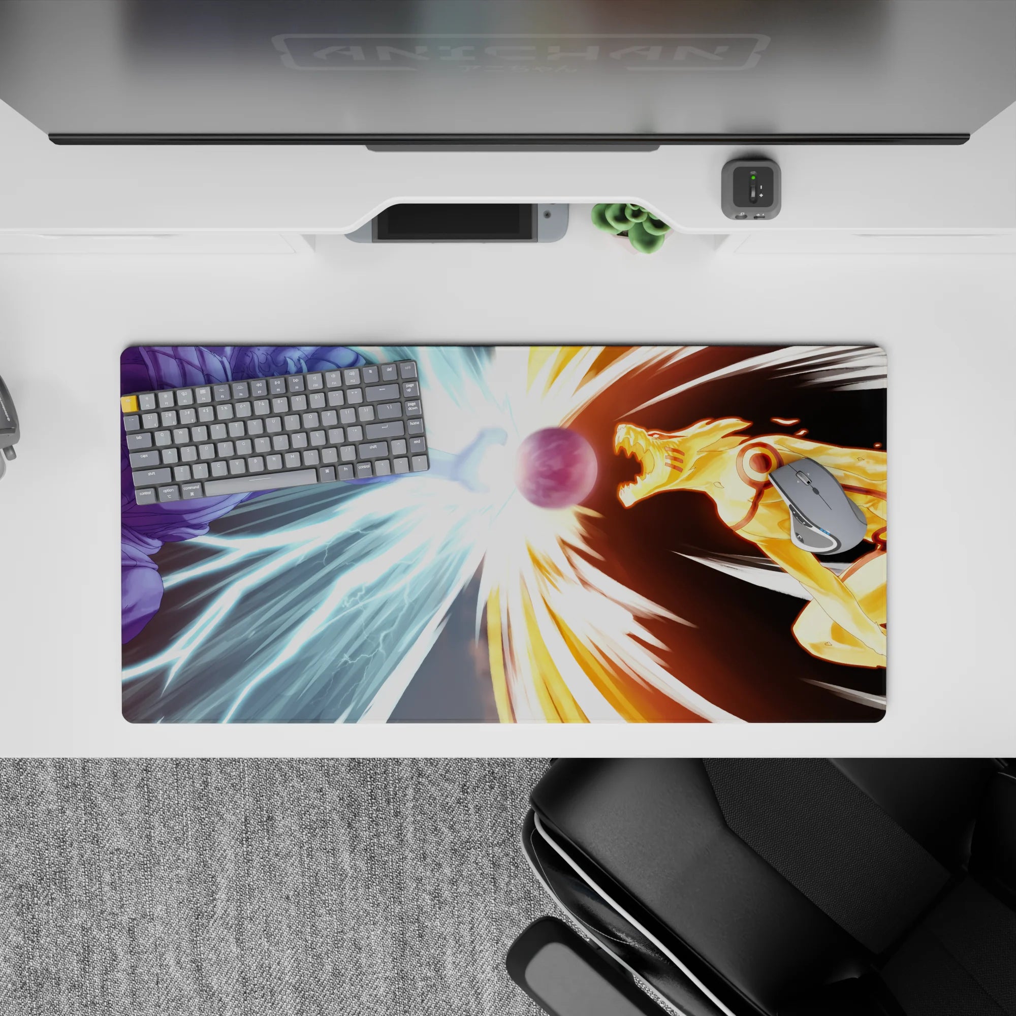 Icy blue vs molten gold-orange anime mouse pad 32x16 inches, fast streaked lines and glowing impact.