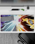 Icy blue vs molten gold-orange anime mouse pad 32x16 inches, fast streaked lines and glowing impact.