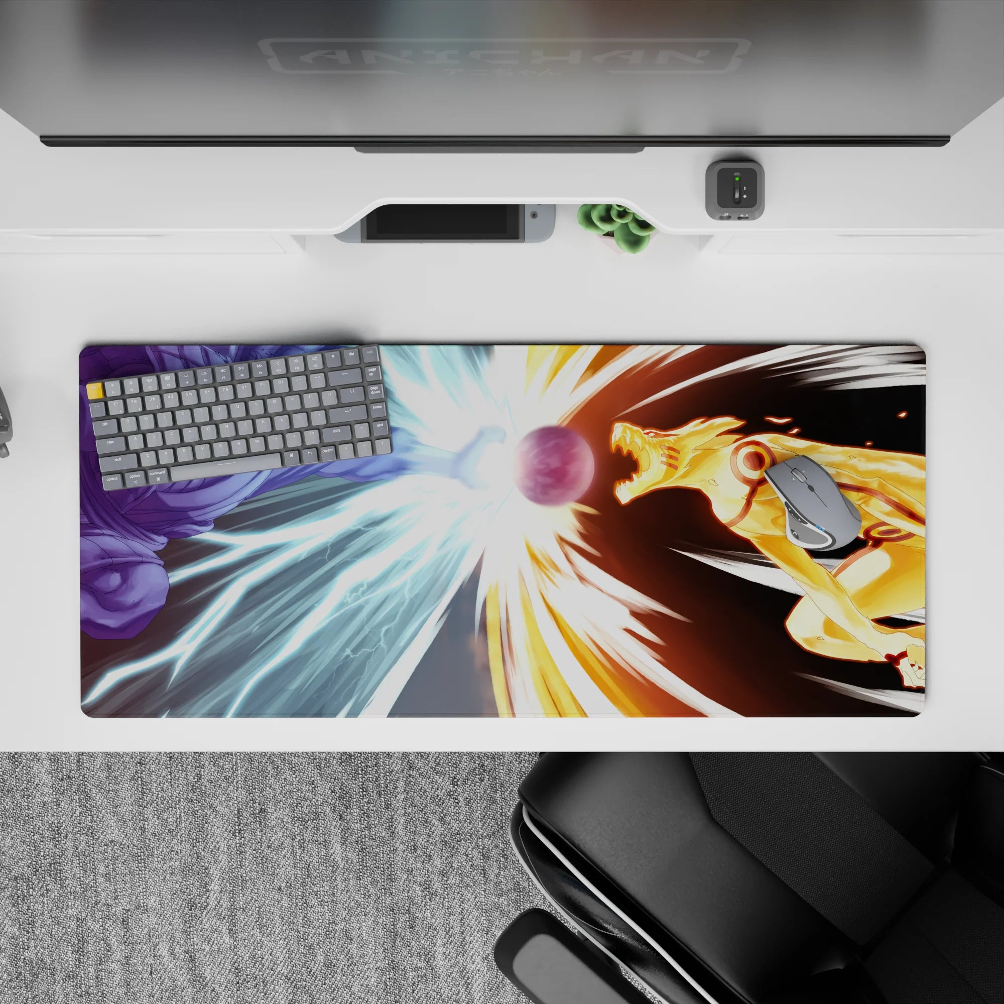 Icy blue vs molten gold anime desk pad 36x16 inches with fast streaks and explosive impact.