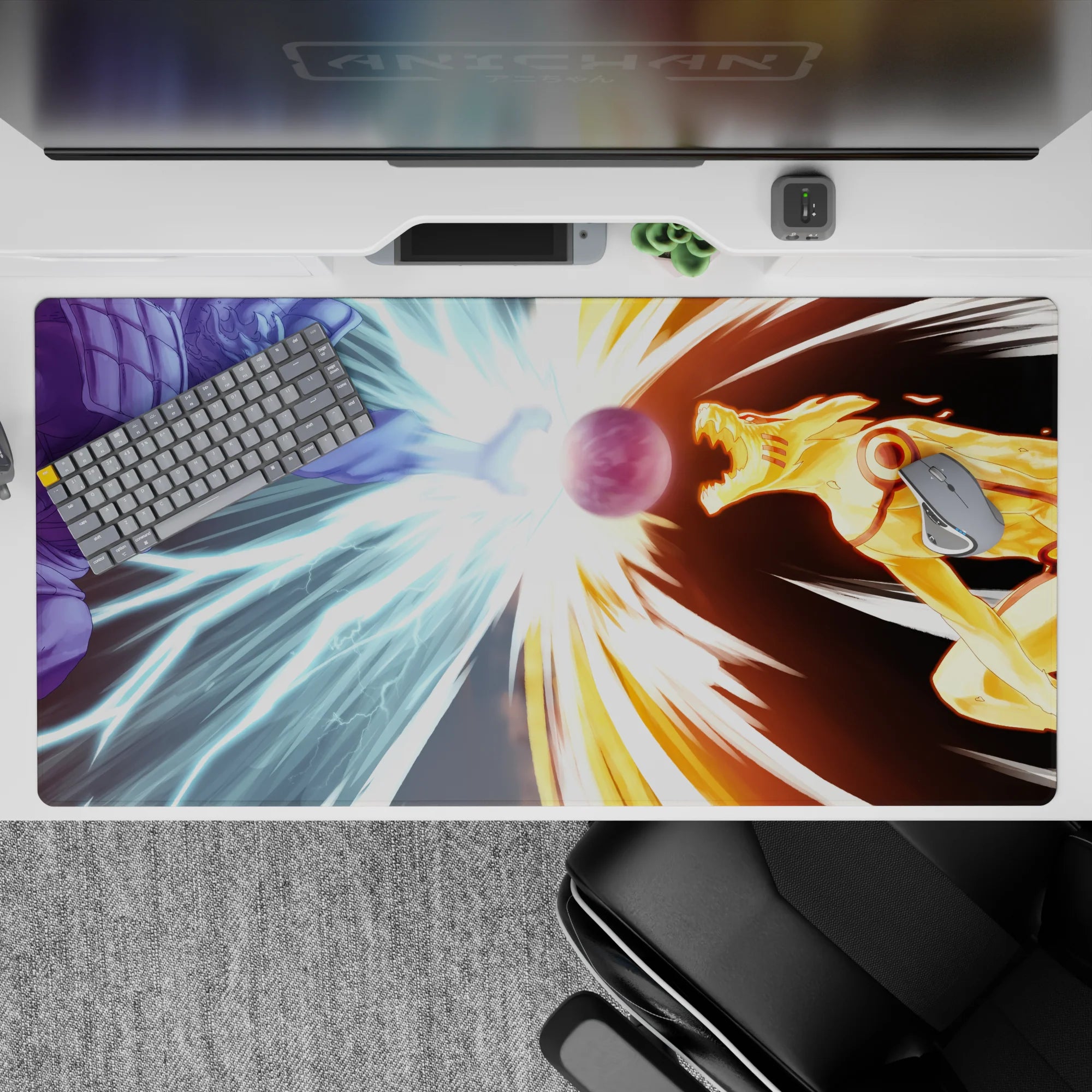 Icy blue vs molten gold anime desk pad, fast streaked lines and high-energy mood, 40x20 inches.
