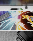 Icy blue vs molten gold anime desk pad, fast streaked lines and high-energy mood, 40x20 inches.