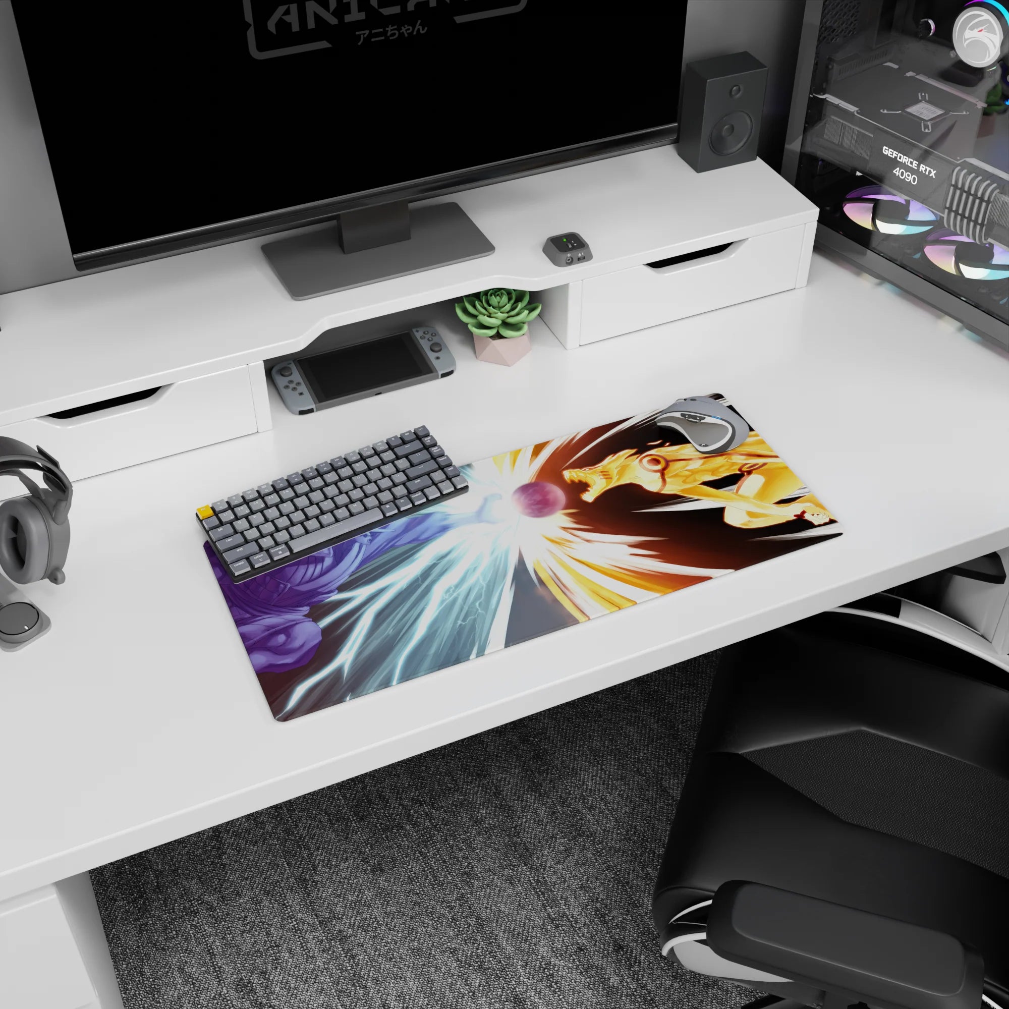 28x12 inches Naruto Shippuden mouse pad showing Sasuke Susanoo battling Naruto in Kurama Mode.