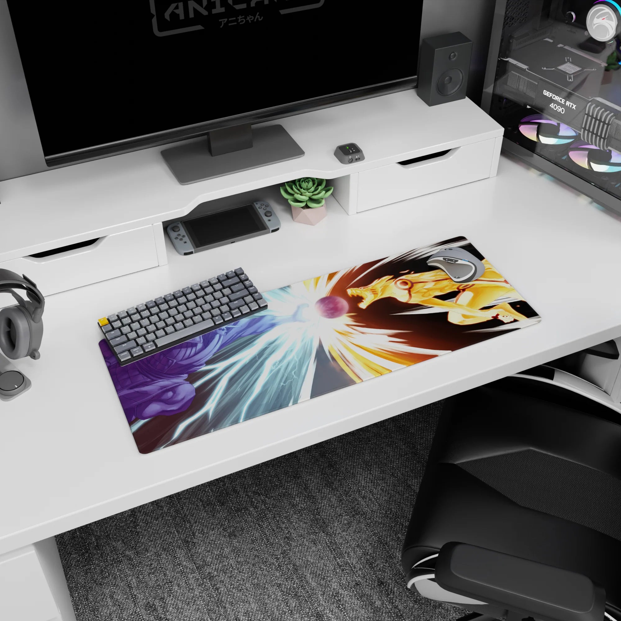 Sasuke Uchiha Susanoo battles Naruto in Kurama Mode on anime mouse pad 32x12 inches.