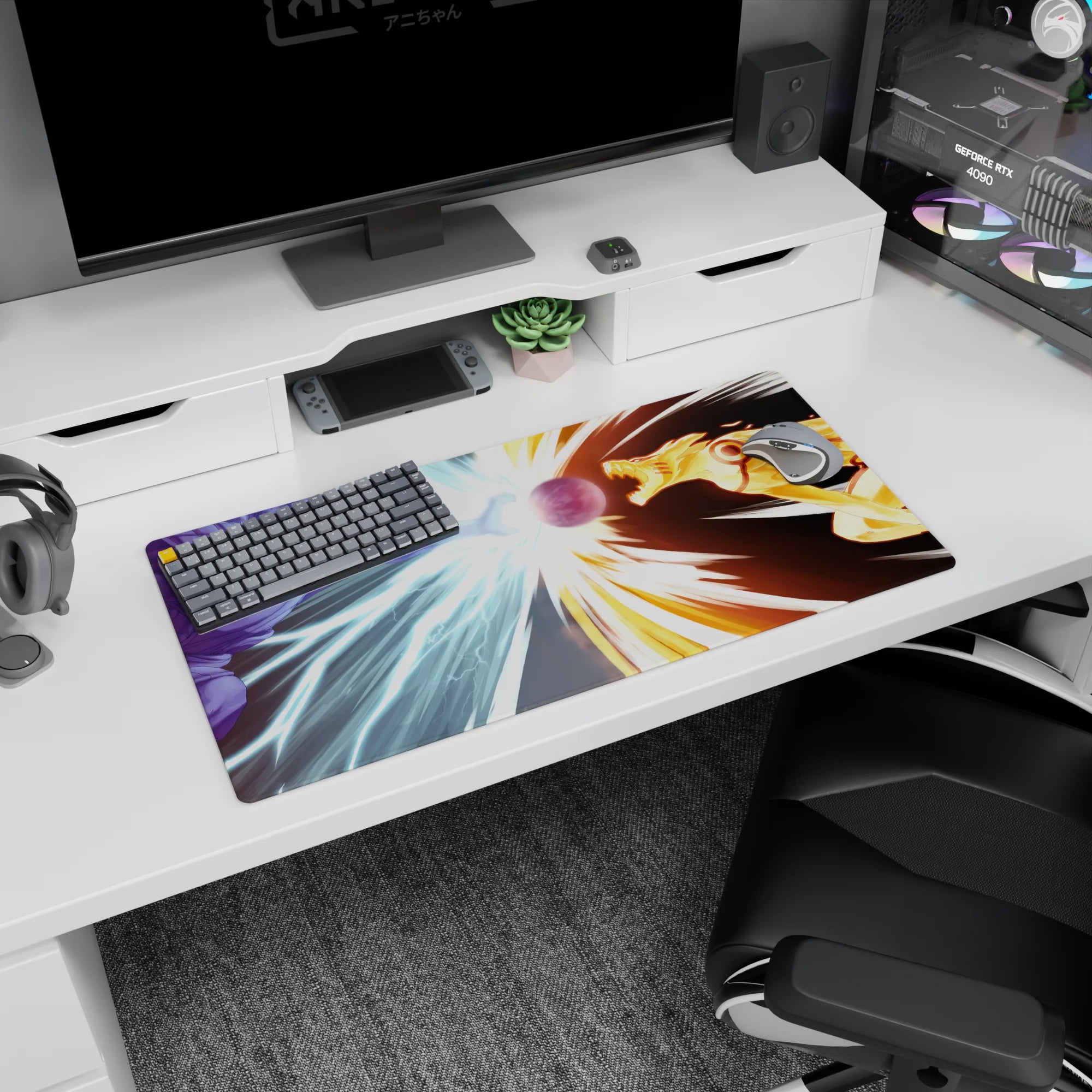Sasuke Uchiha Susanoo vs Naruto Uzumaki Kurama Mode anime mouse pad 32x16 inches, energy sphere.