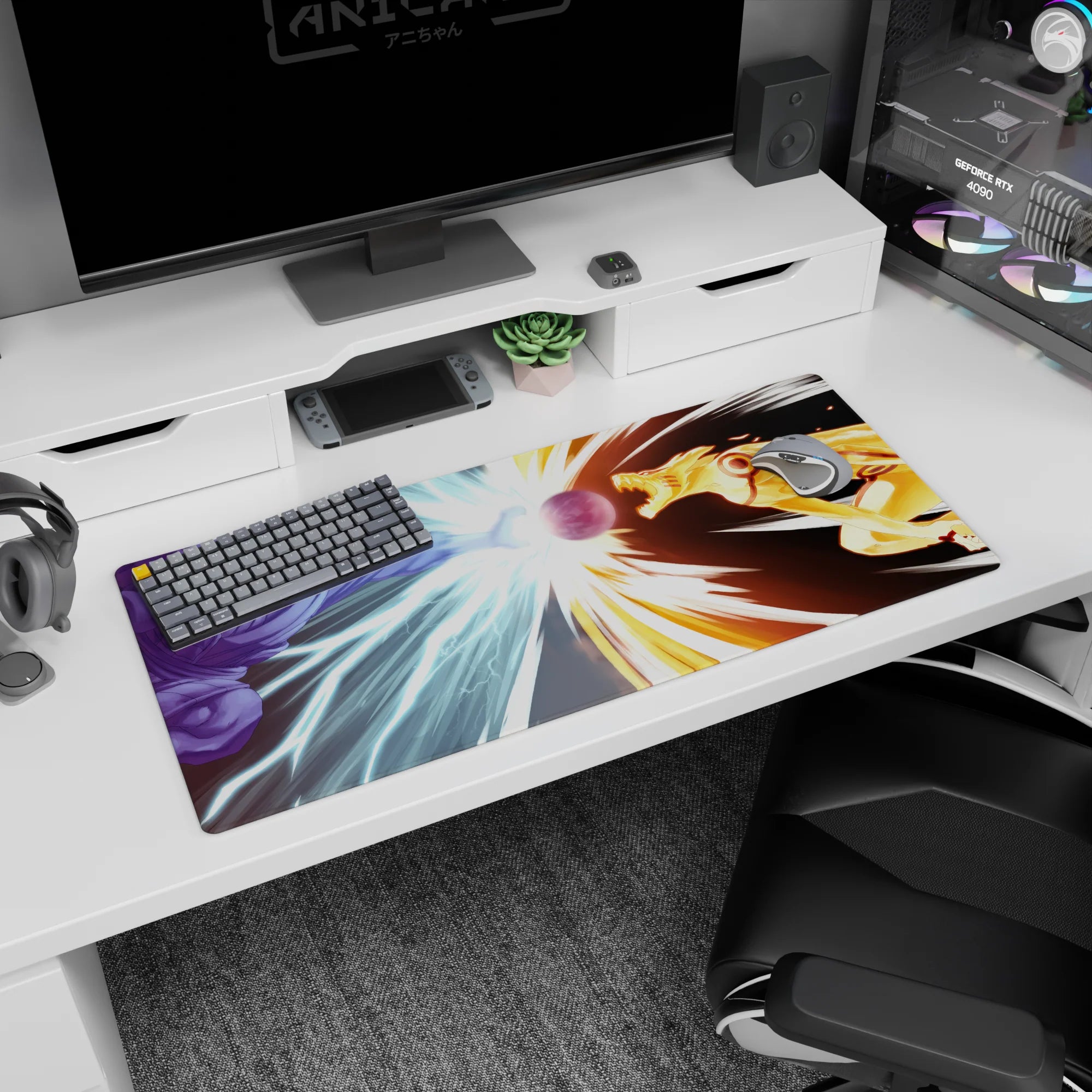 Sasuke Uchiha Susanoo battling Naruto in Kurama Mode on 36x16 inches anime desk pad.