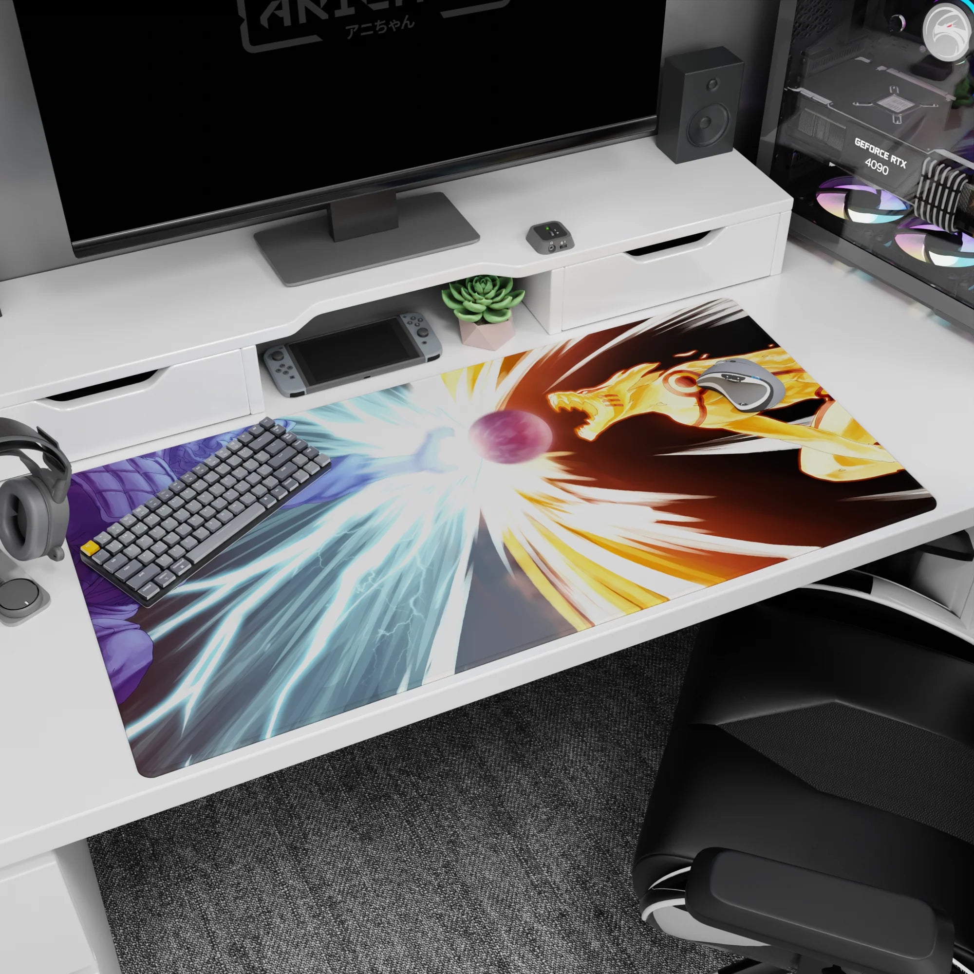 Sasuke Susanoo vs Naruto Kurama Mode battling into a glowing orb desk pad, 40x20 inches.