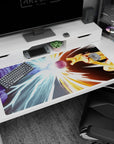 Sasuke Susanoo vs Naruto Kurama Mode battling into a glowing orb desk pad, 40x20 inches.