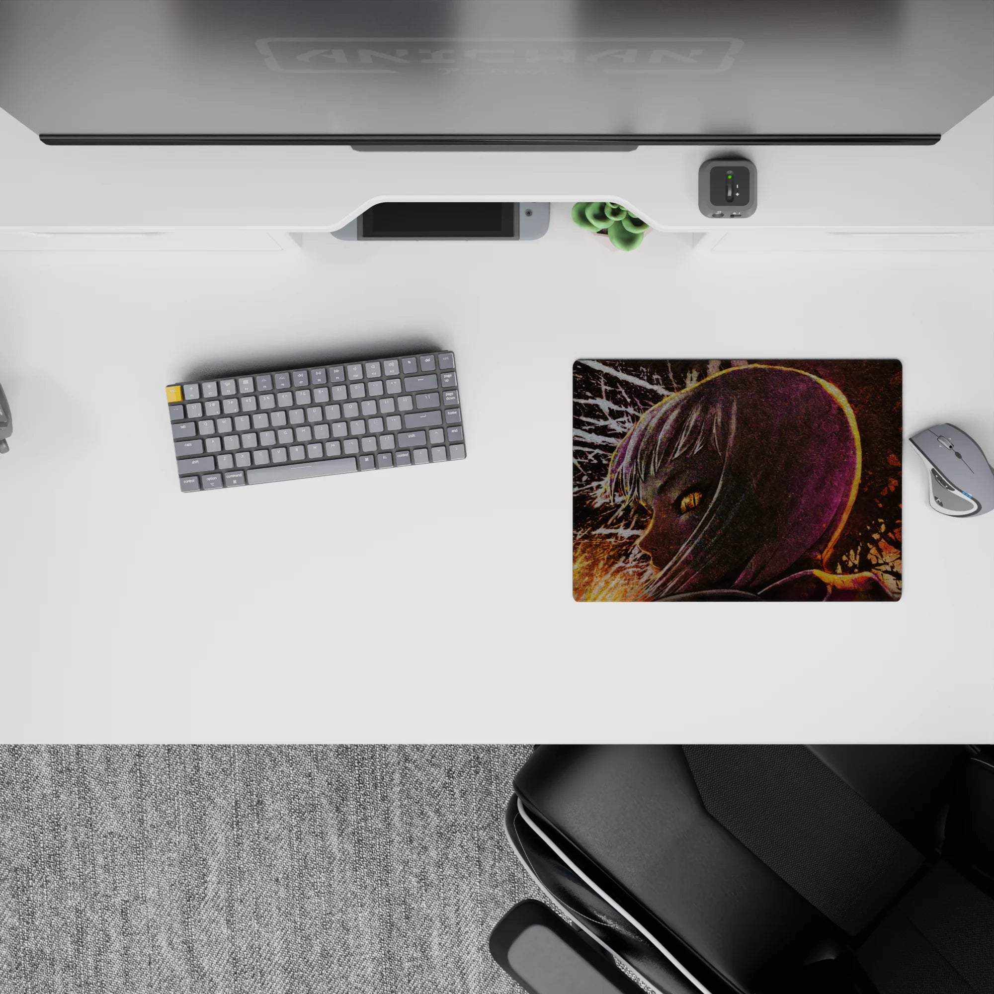 Neon noir anime mouse pad 14x10 inches in deep purples and burnt oranges, moody late-night drama vibe.