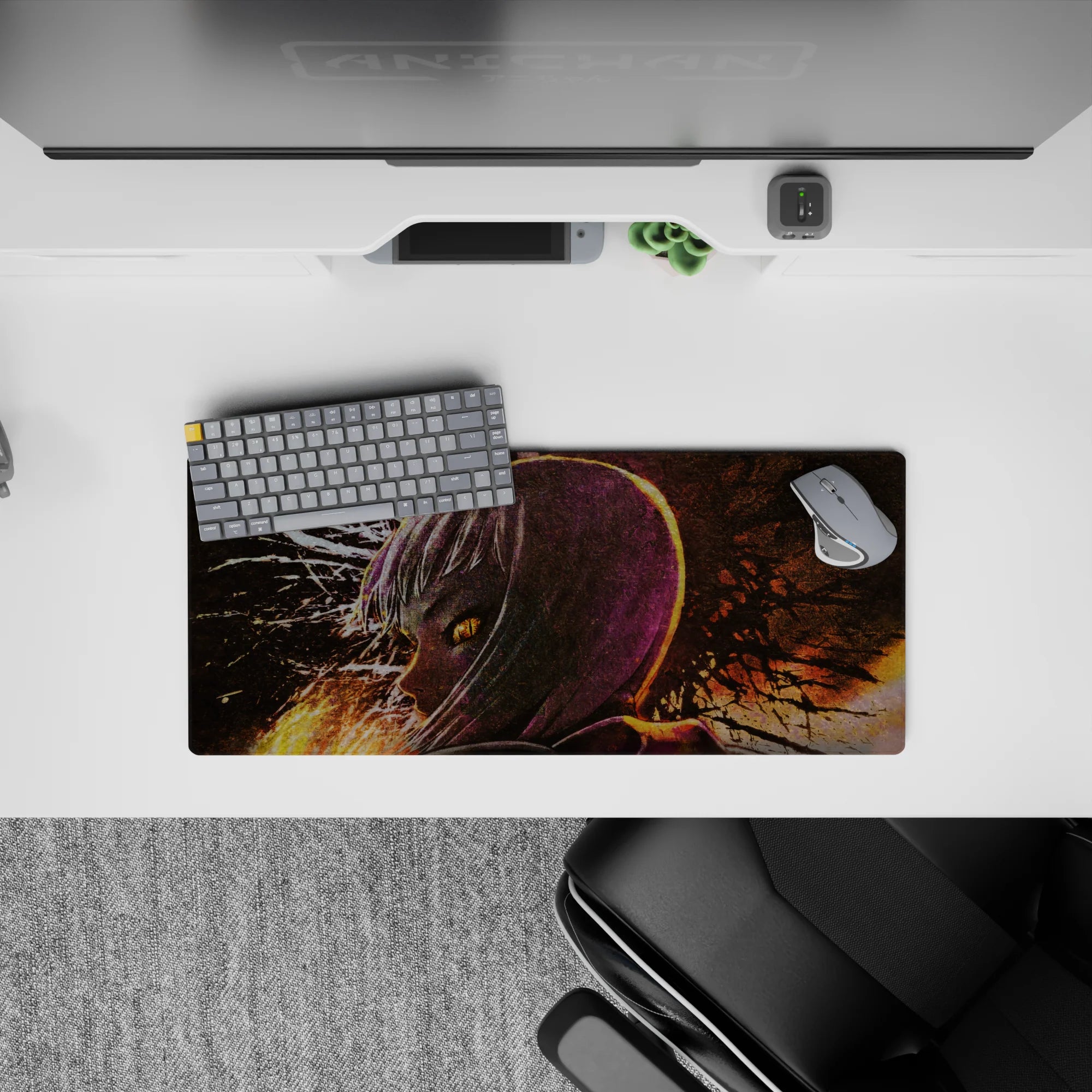 28x12 inches desk mouse pad in deep purple and burnt orange, moody neon anime art with dramatic splashes.