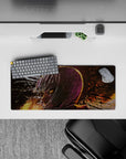 28x12 inches desk mouse pad in deep purple and burnt orange, moody neon anime art with dramatic splashes.
