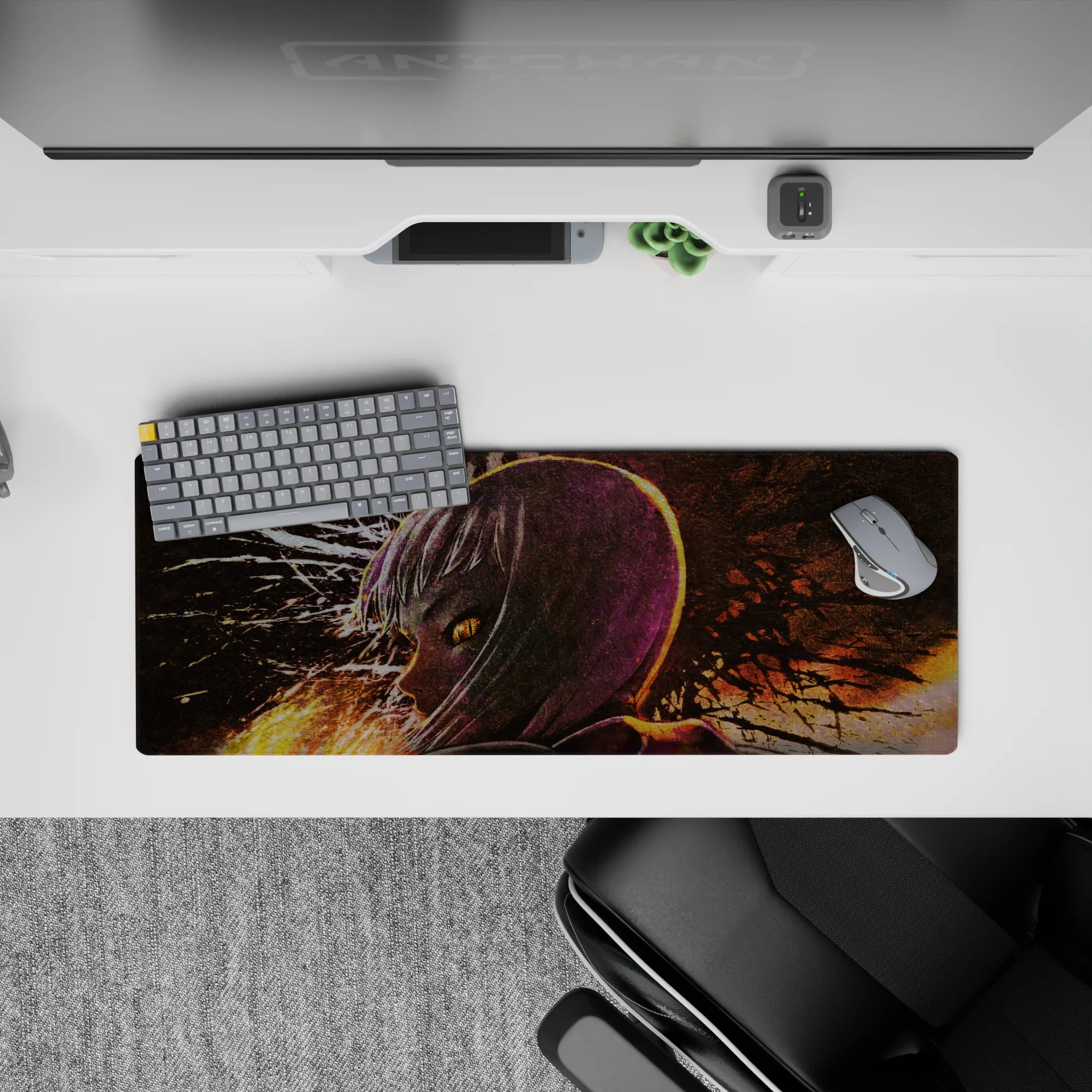 Dark neon anime desk mat 32x12 inches in deep purples and burnt orange, moody late-night vibe.