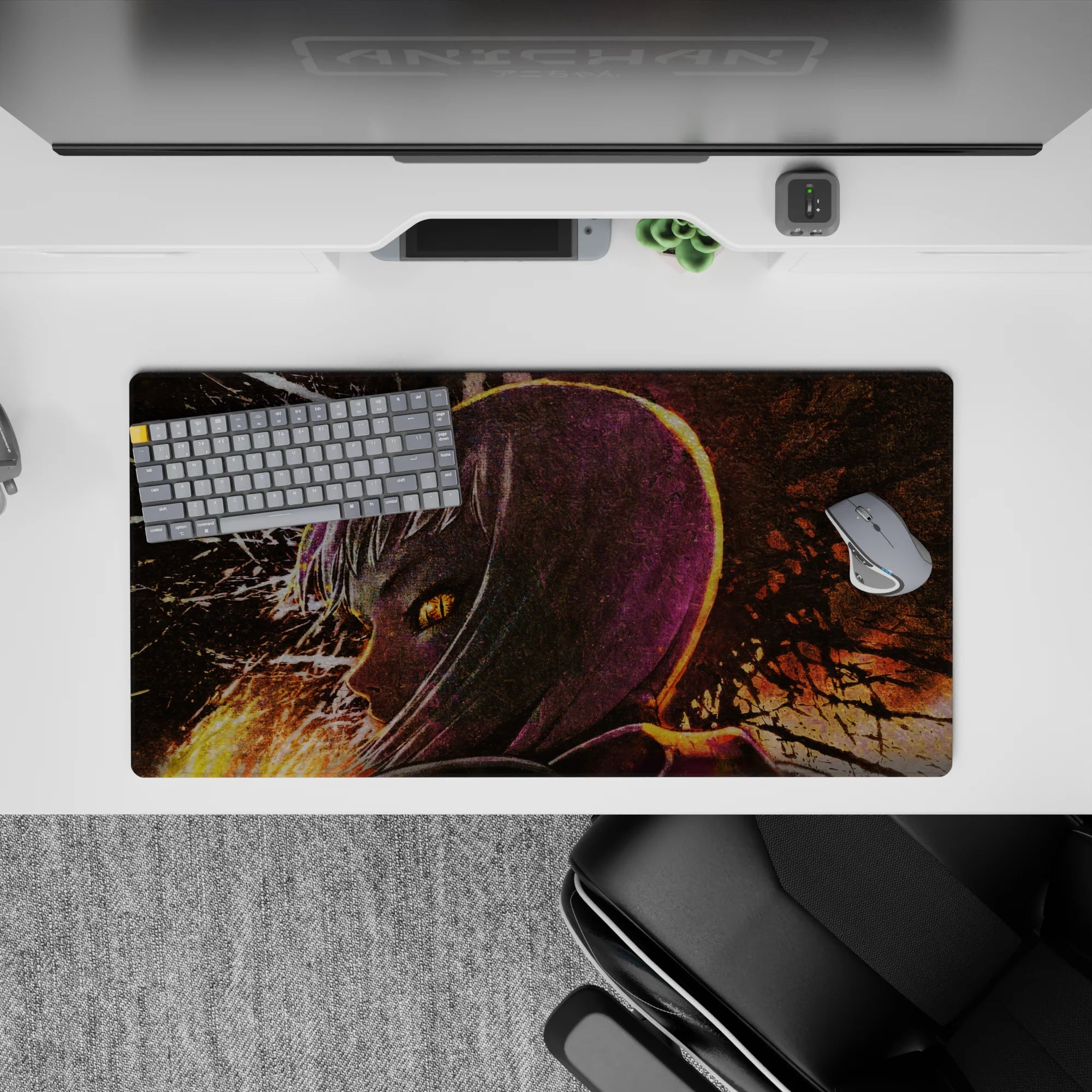 Anime girl mouse pad 32x16 inches in deep purples and burnt orange neon, moody late-night drama style.