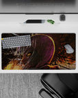 Anime girl mouse pad 32x16 inches in deep purples and burnt orange neon, moody late-night drama style.