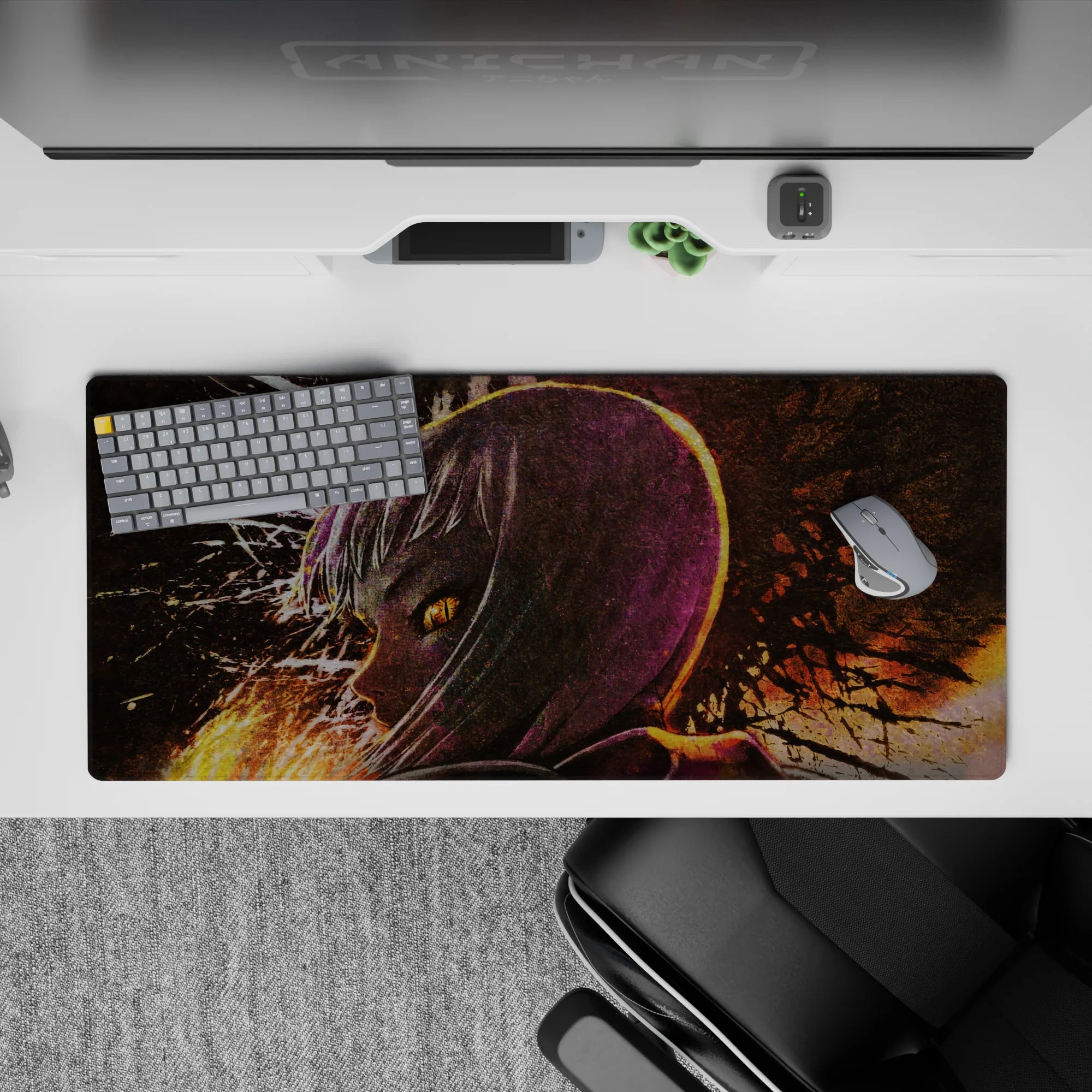 Moody neon anime desk pad 36x16 inches in deep purples and burnt oranges, late-night drama vibe.
