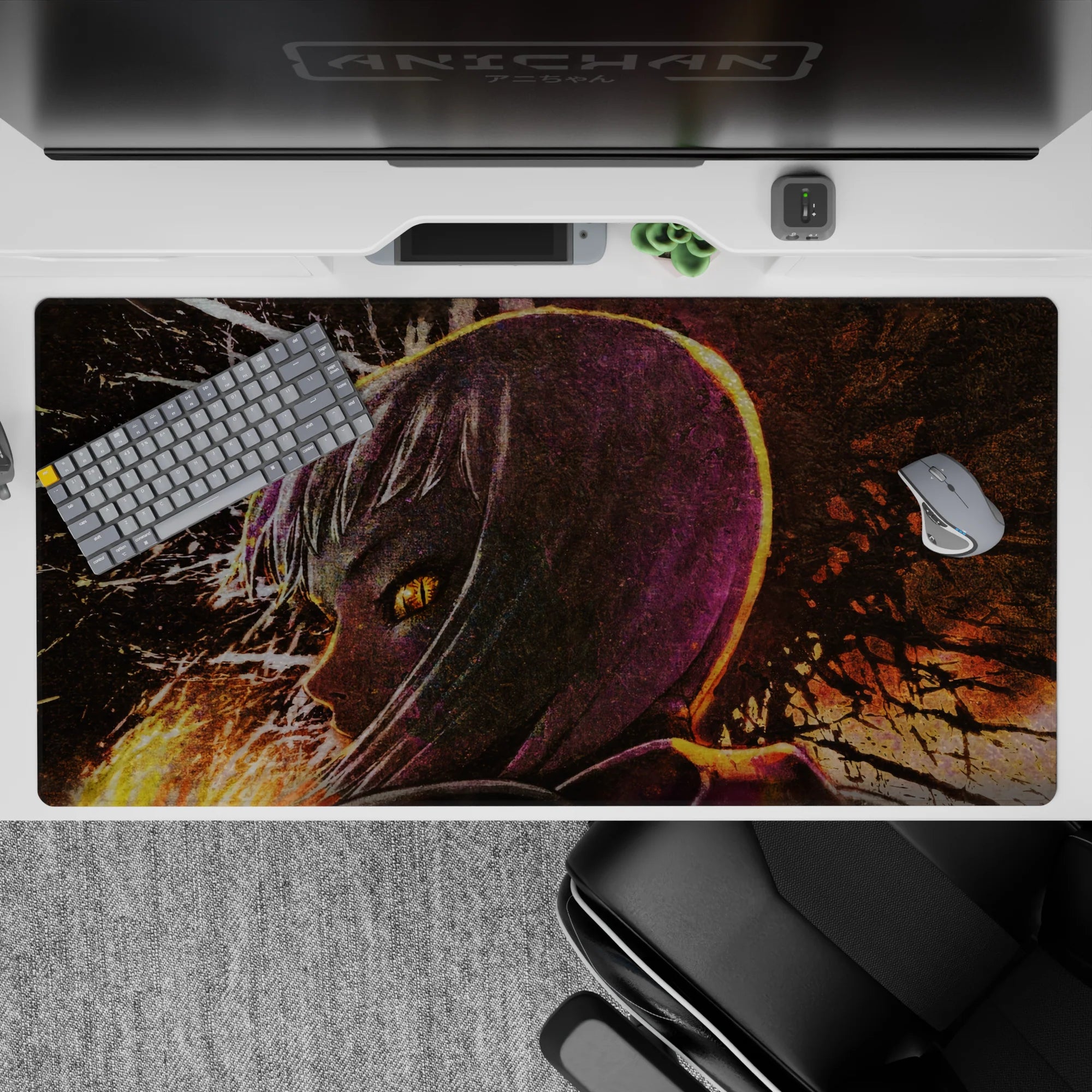 Dark neon anime desk pad 40x20 inches in deep purples and burnt oranges, moody late-night drama vibe.