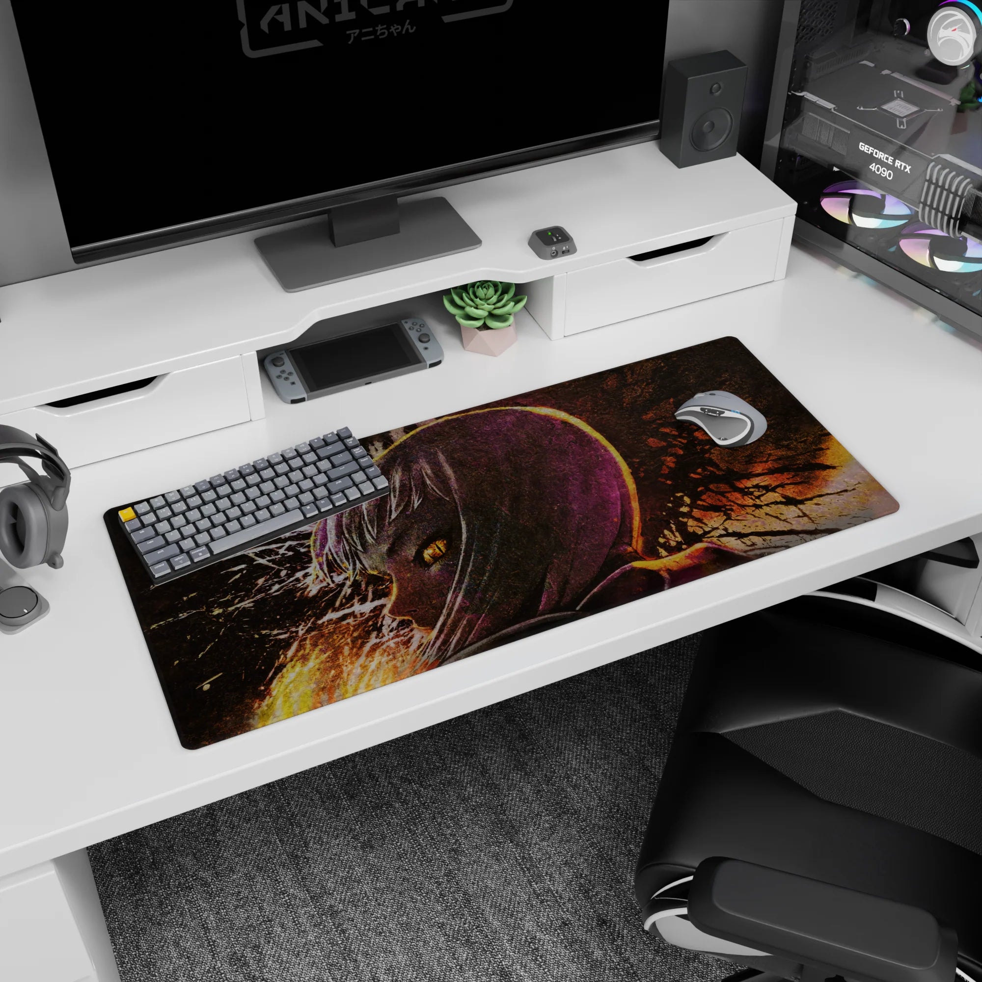 Silver-haired anime girl in profile on desk pad 36x16 inches, amber eyes staring amid splashed fireworks.