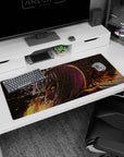 Silver-haired anime girl in profile on desk pad 36x16 inches, amber eyes staring amid splashed fireworks.