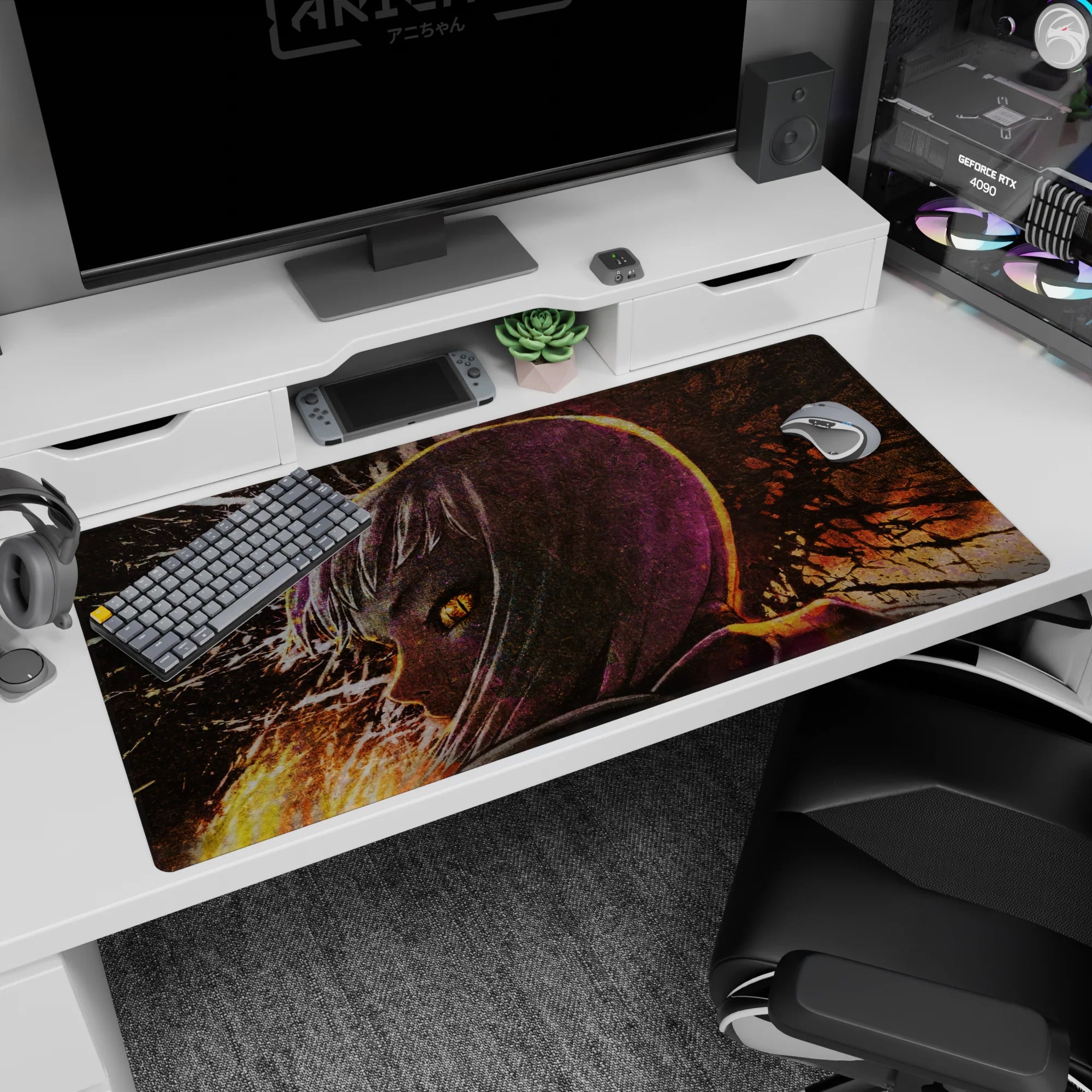 40x20 inches anime desk pad showing a mysterious silver-haired girl in profile, glowing amber eyes staring back.