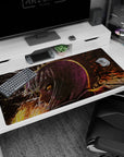 40x20 inches anime desk pad showing a mysterious silver-haired girl in profile, glowing amber eyes staring back.