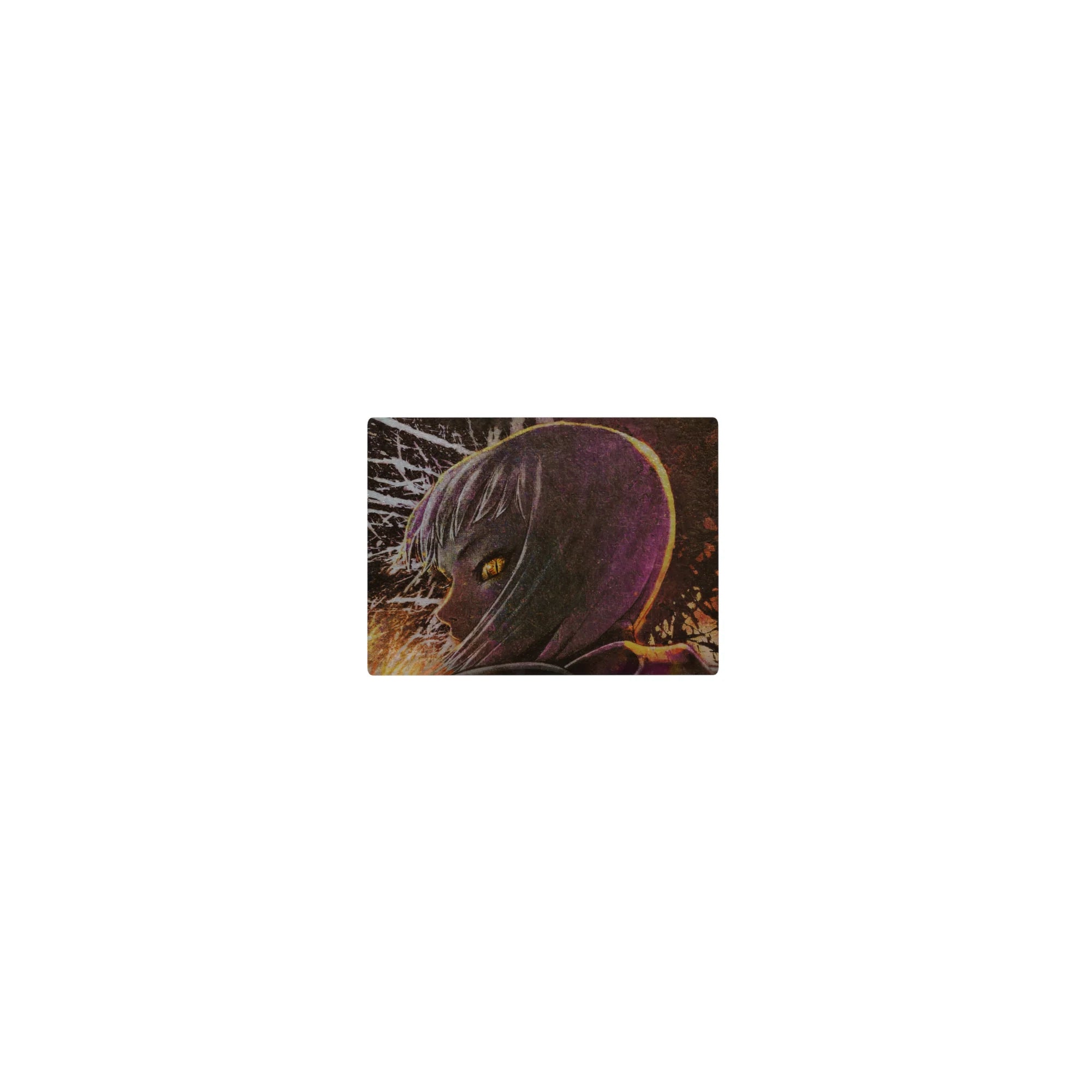 Classic anime girl mouse pad 14x10 inches with silver-haired profile, glowing amber eyes, ink-splatter backdrop.