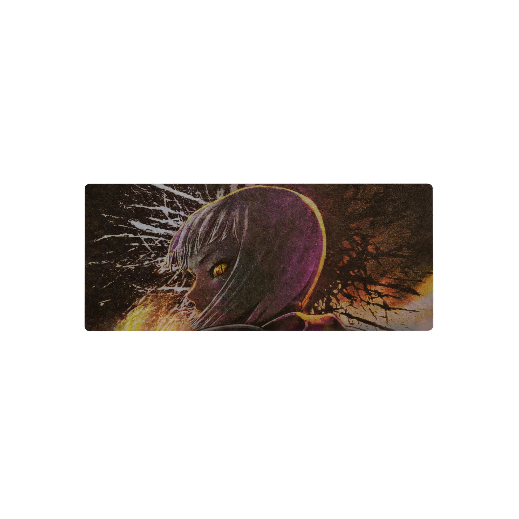 28x12 inches anime girl mouse pad with silver-haired profile, glowing amber eyes, and ink-splatter backdrop.