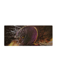 28x12 inches anime girl mouse pad with silver-haired profile, glowing amber eyes, and ink-splatter backdrop.