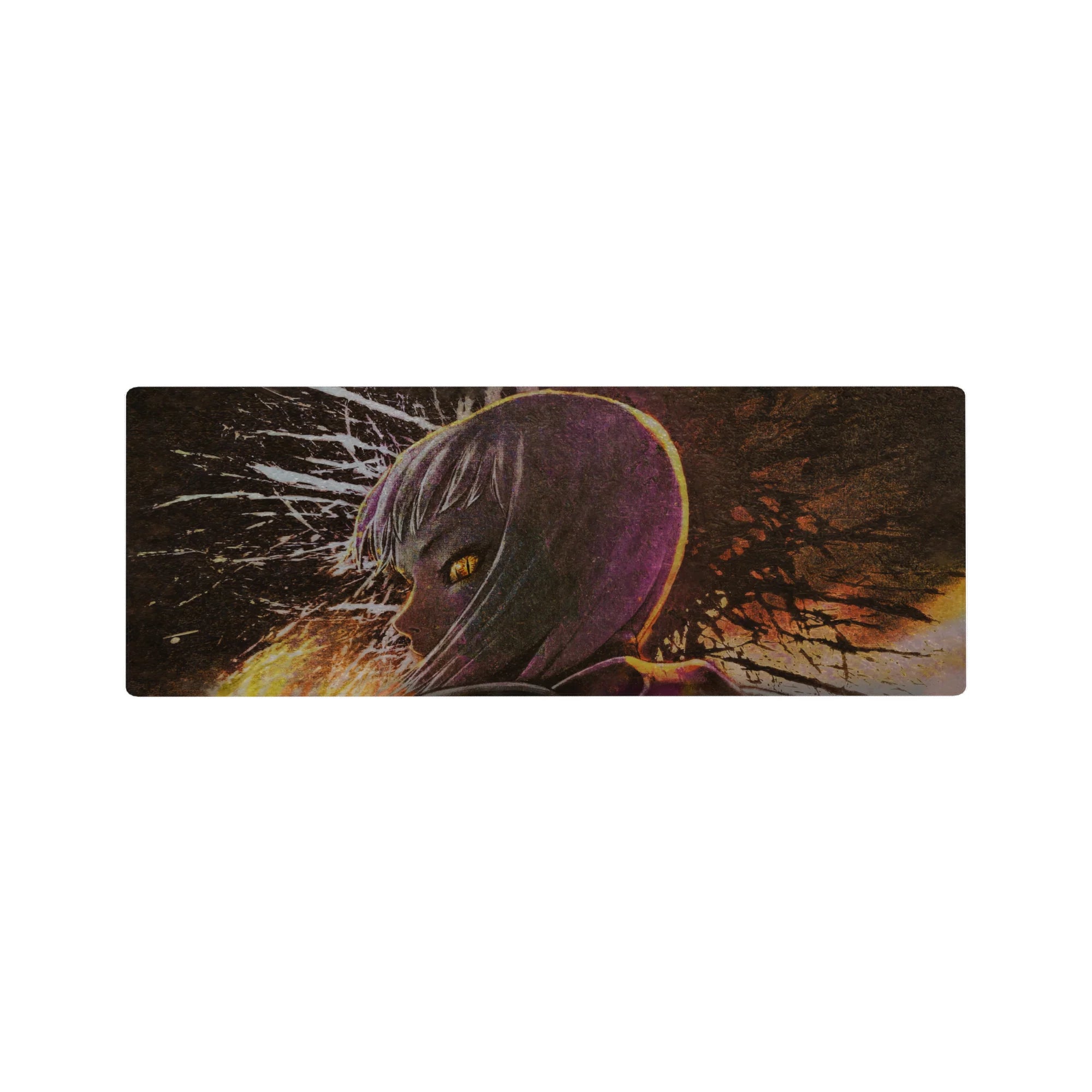 Anime girl mouse pad 32x12 inches with silver-haired profile, amber eyes, and ink-splatter neon backdrop.