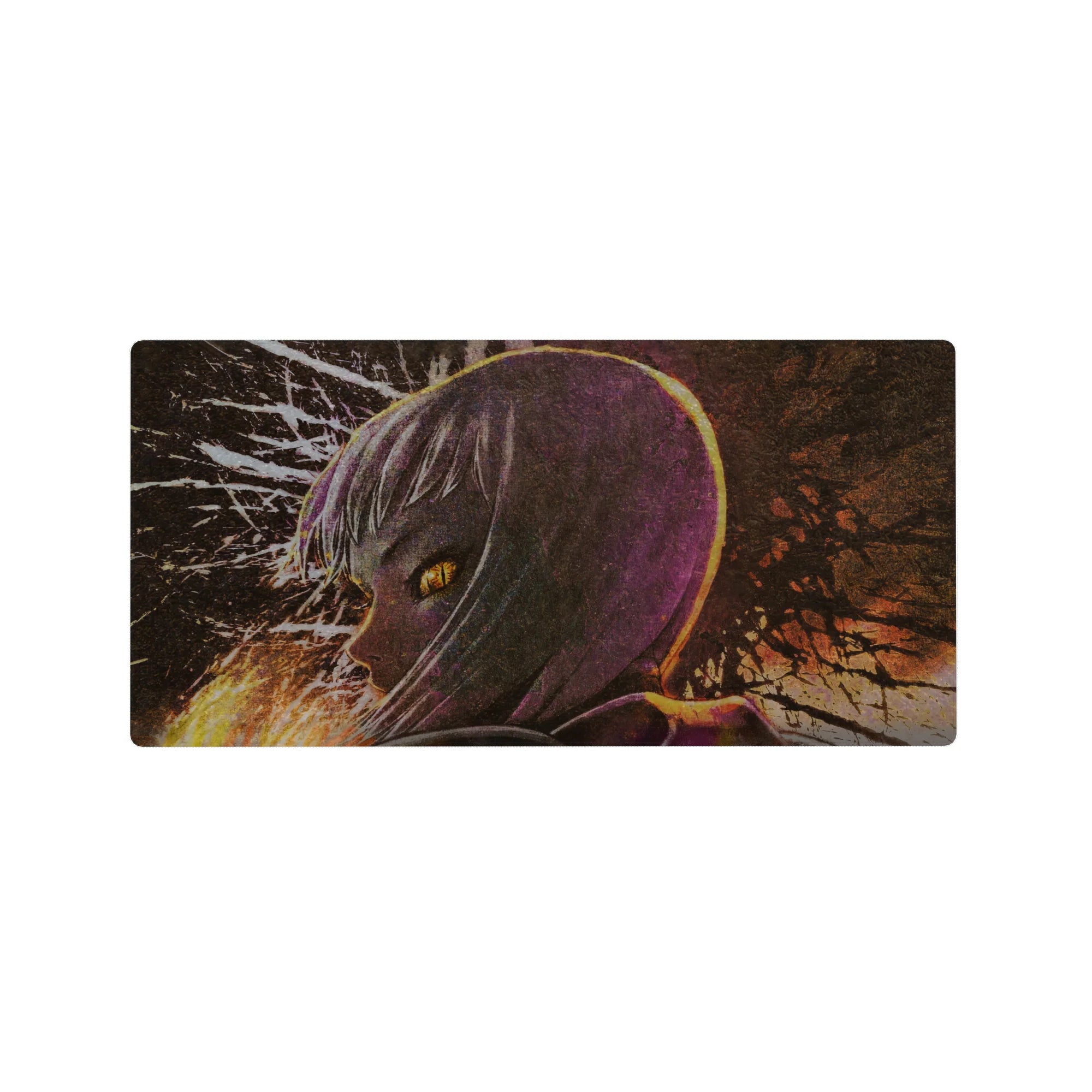 Anime girl mouse pad 32x16 inches with silver-haired profile, glowing amber eyes, and ink-splatter backdrop.