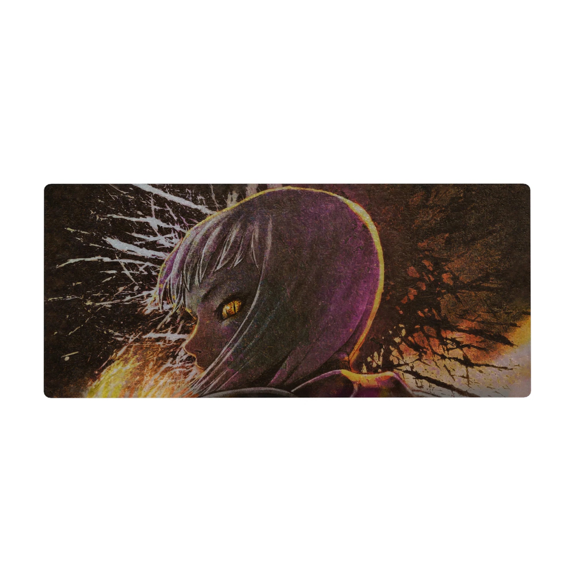 Anime girl desk pad 36x16 inches with silver-haired profile, glowing amber eyes, and ink-splatter backdrop.