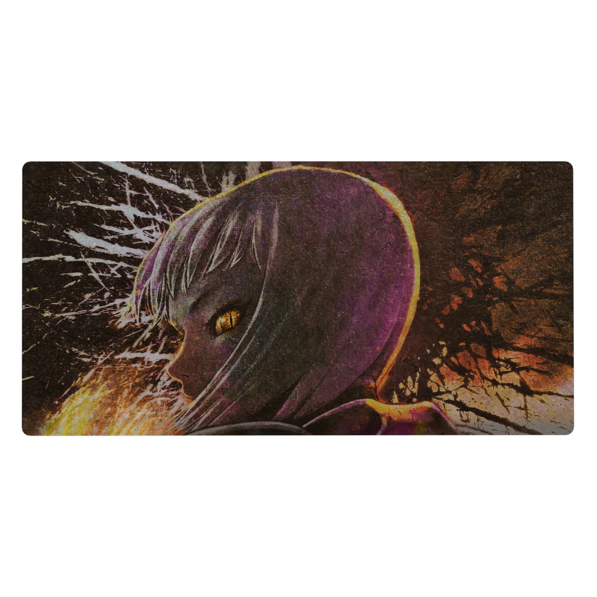 Anime girl desk pad 40x20 inches with silver-haired profile, amber eyes, and ink-splatter fireworks backdrop.