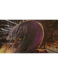 Anime girl desk pad 40x20 inches with silver-haired profile, amber eyes, and ink-splatter fireworks backdrop.