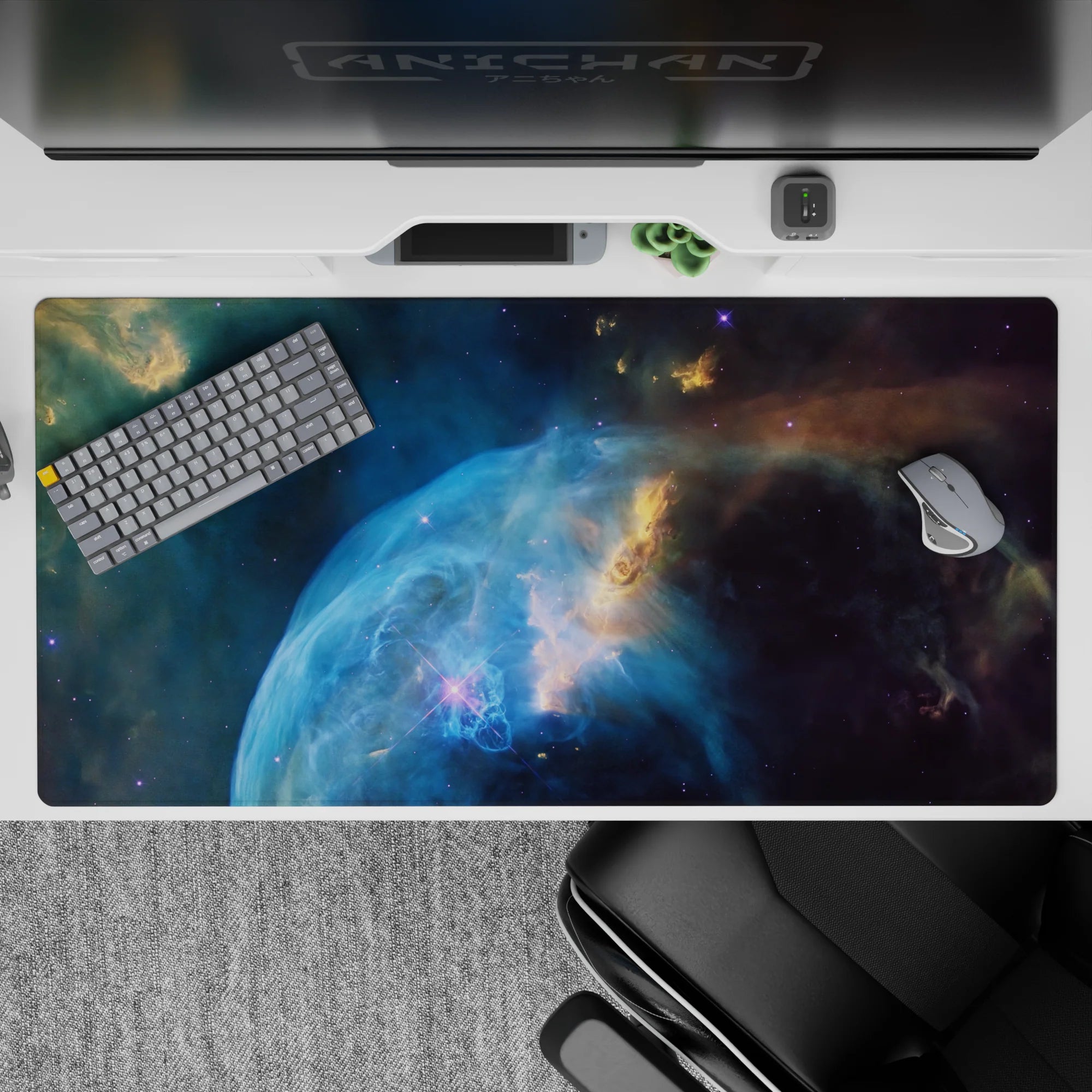 Dreamy cosmic desk pad 40x20 inches in ocean blues and smoky purples for a calm late-night vibe.