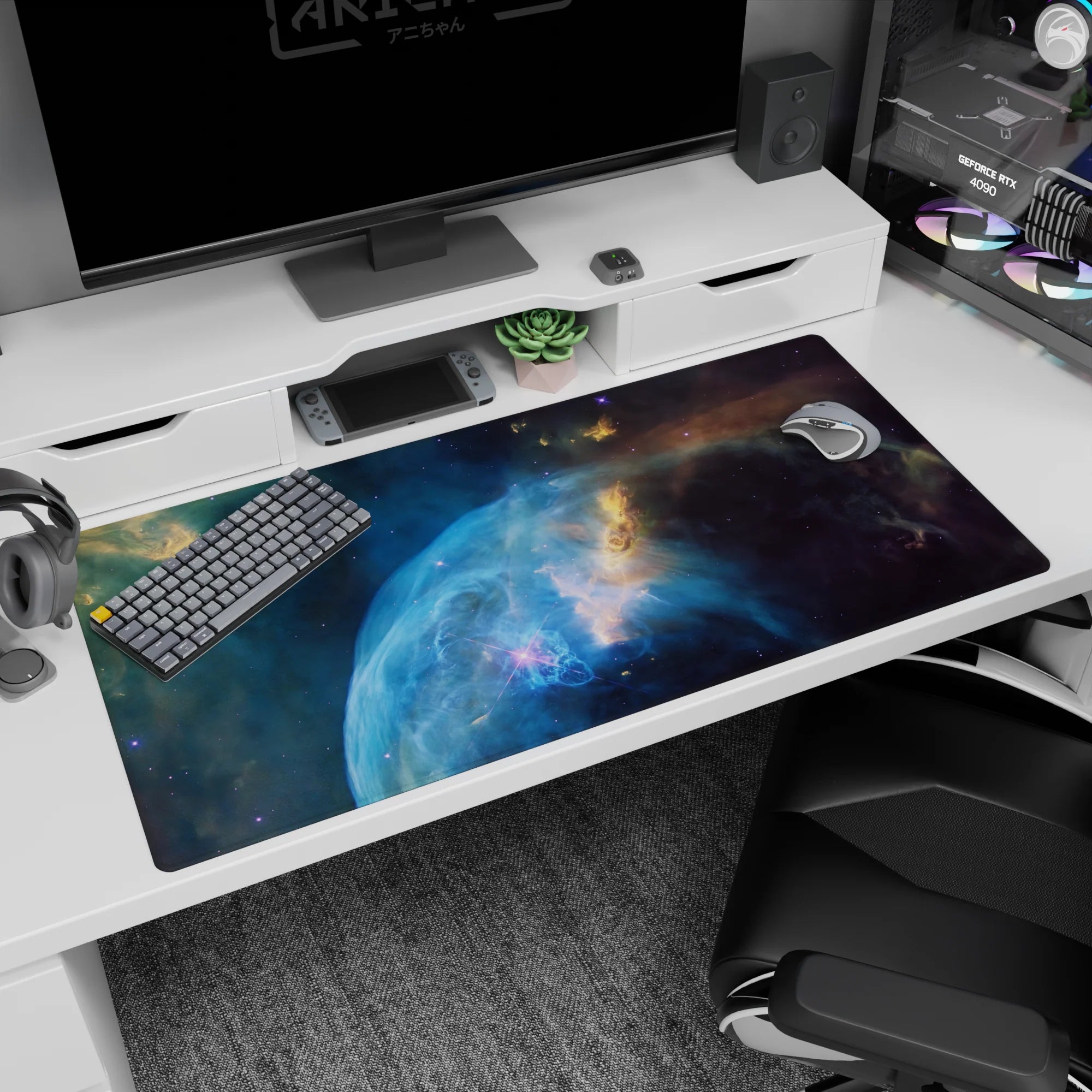 Glowing nebula bloom scene desk pad 40x20 inches over a dark sky with wispy clouds and stars.