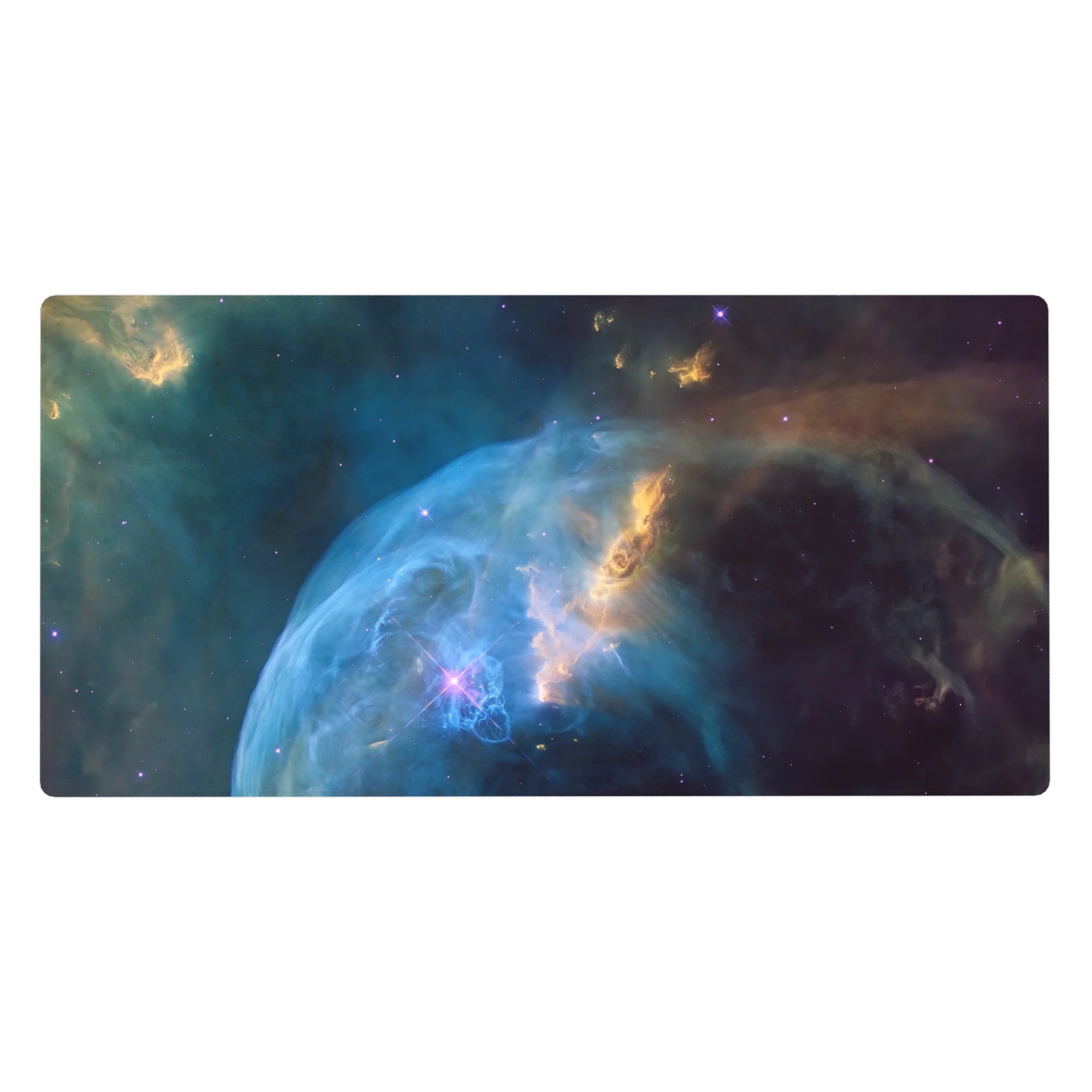 Galaxy nebula desk pad 40x20 inches with star specks, soft gradients, and a warm gold burst.