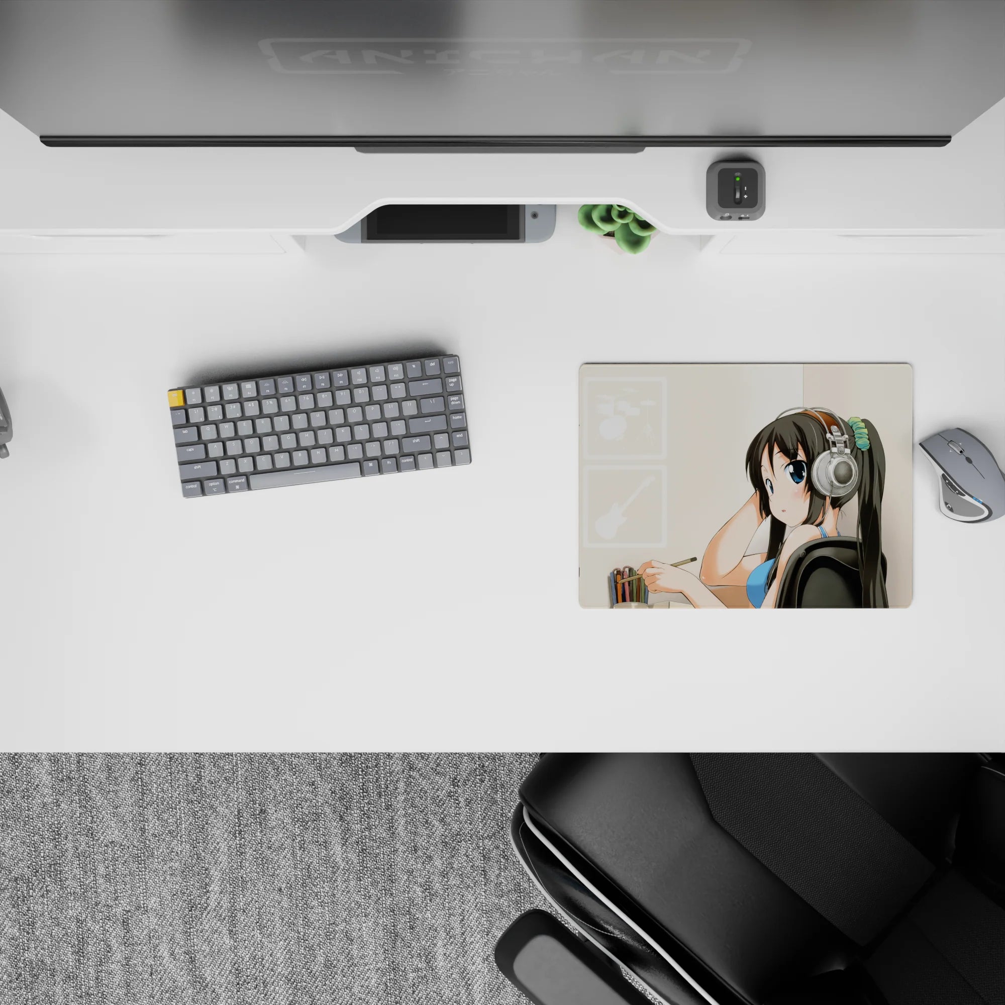 Soft beige anime mouse pad 14x10 inches with calm pastel tones, blue top pop, cozy creative mood.