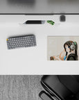 Soft beige anime mouse pad 14x10 inches with calm pastel tones, blue top pop, cozy creative mood.