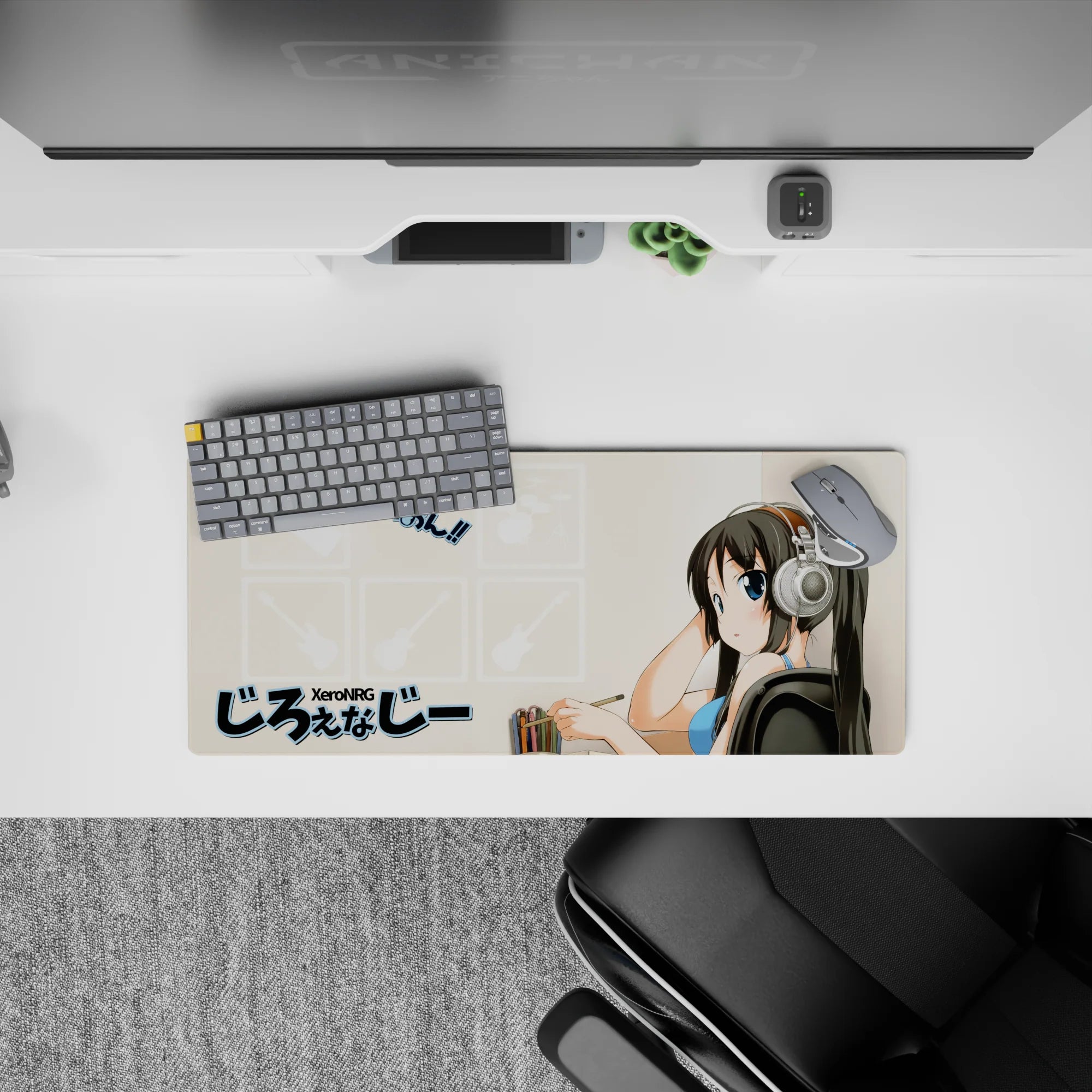 28x12 inches kawaii desk mat in soft beige and mint tones, calm cozy vibe with clean pastel anime art.