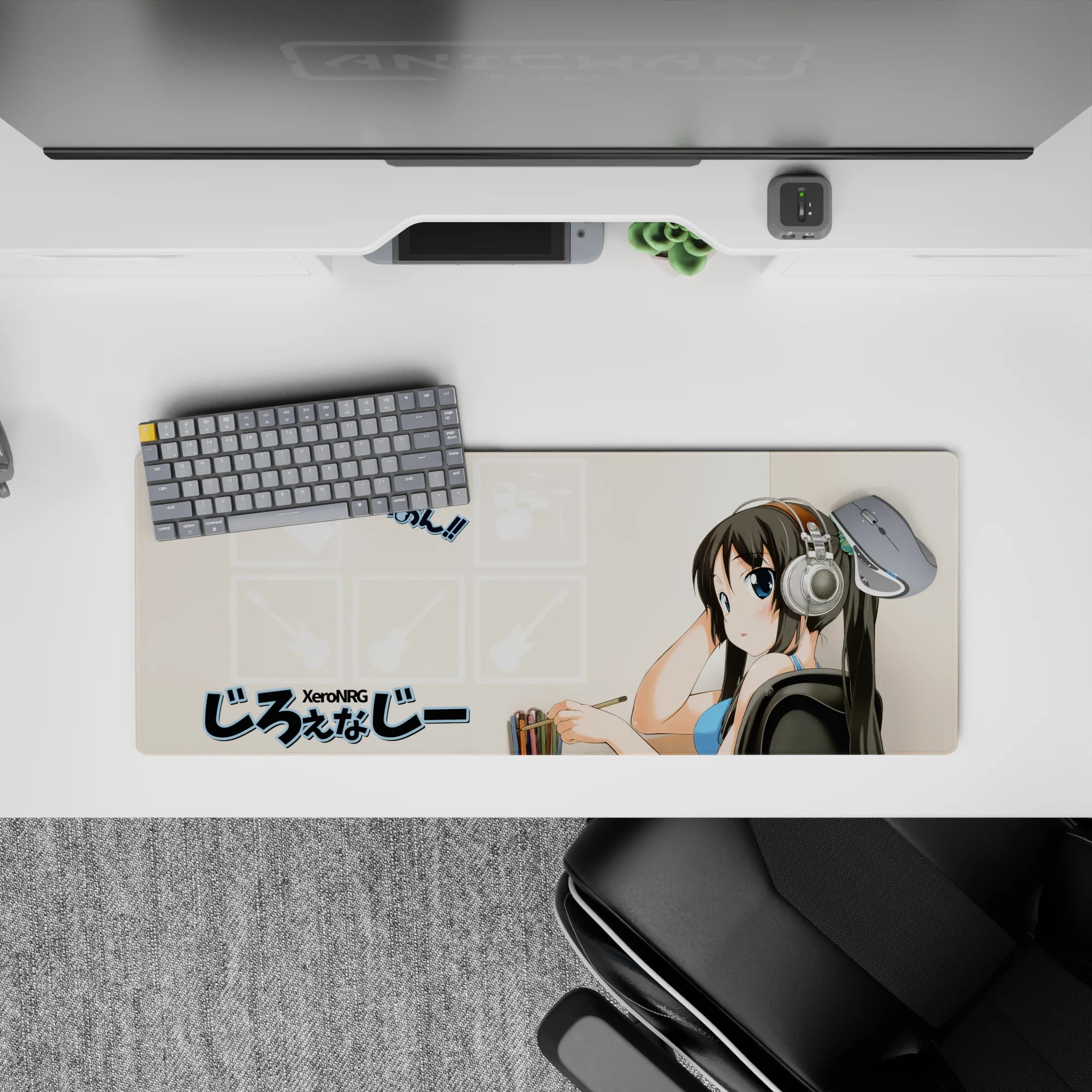32x12 inches beige anime desk mat with calm pastel tones, blue top pop, cozy creative mood.