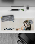 32x12 inches beige anime desk mat with calm pastel tones, blue top pop, cozy creative mood.