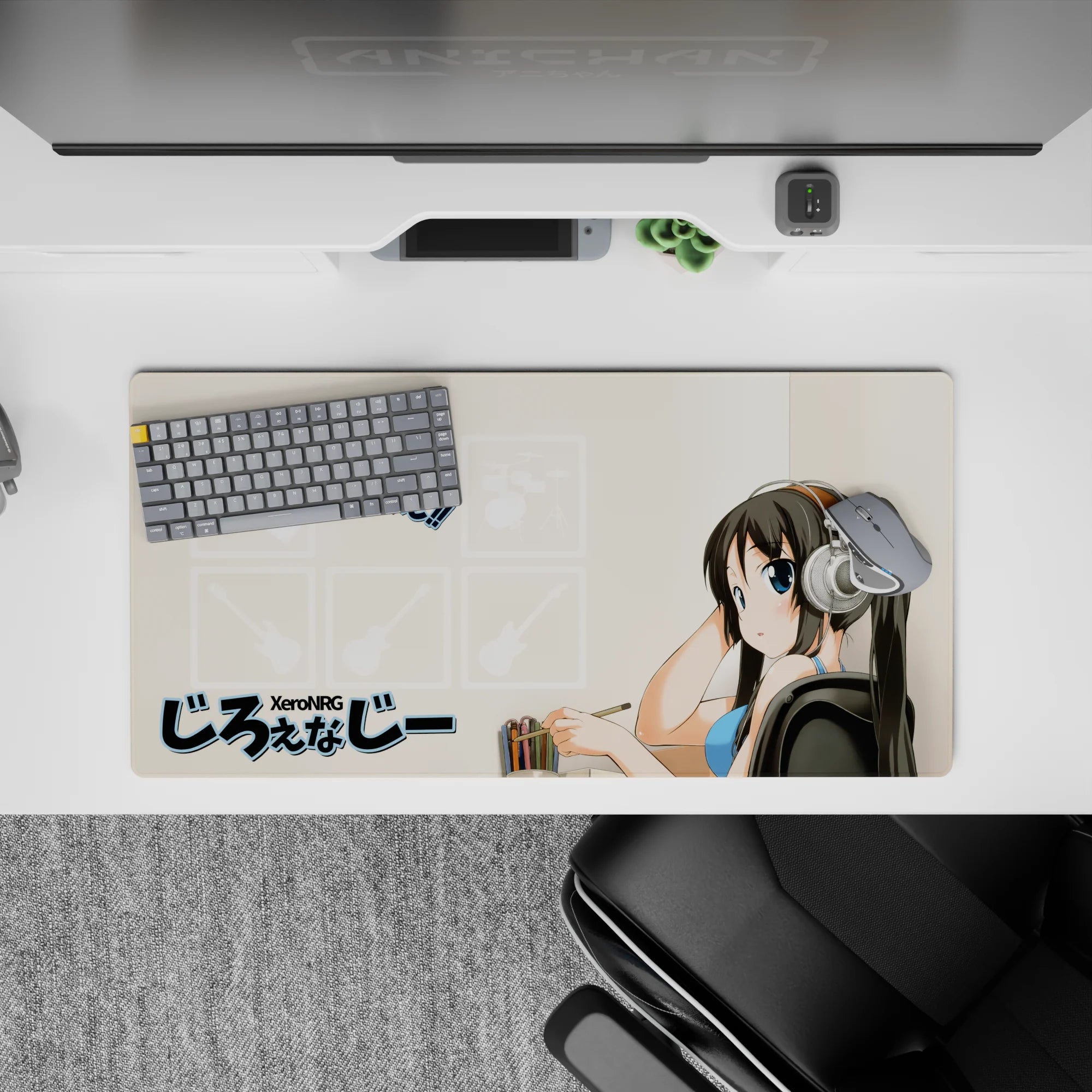 Beige and blue anime girl mouse pad 32x16 inches, clean crisp icons, calm cozy creative vibe.