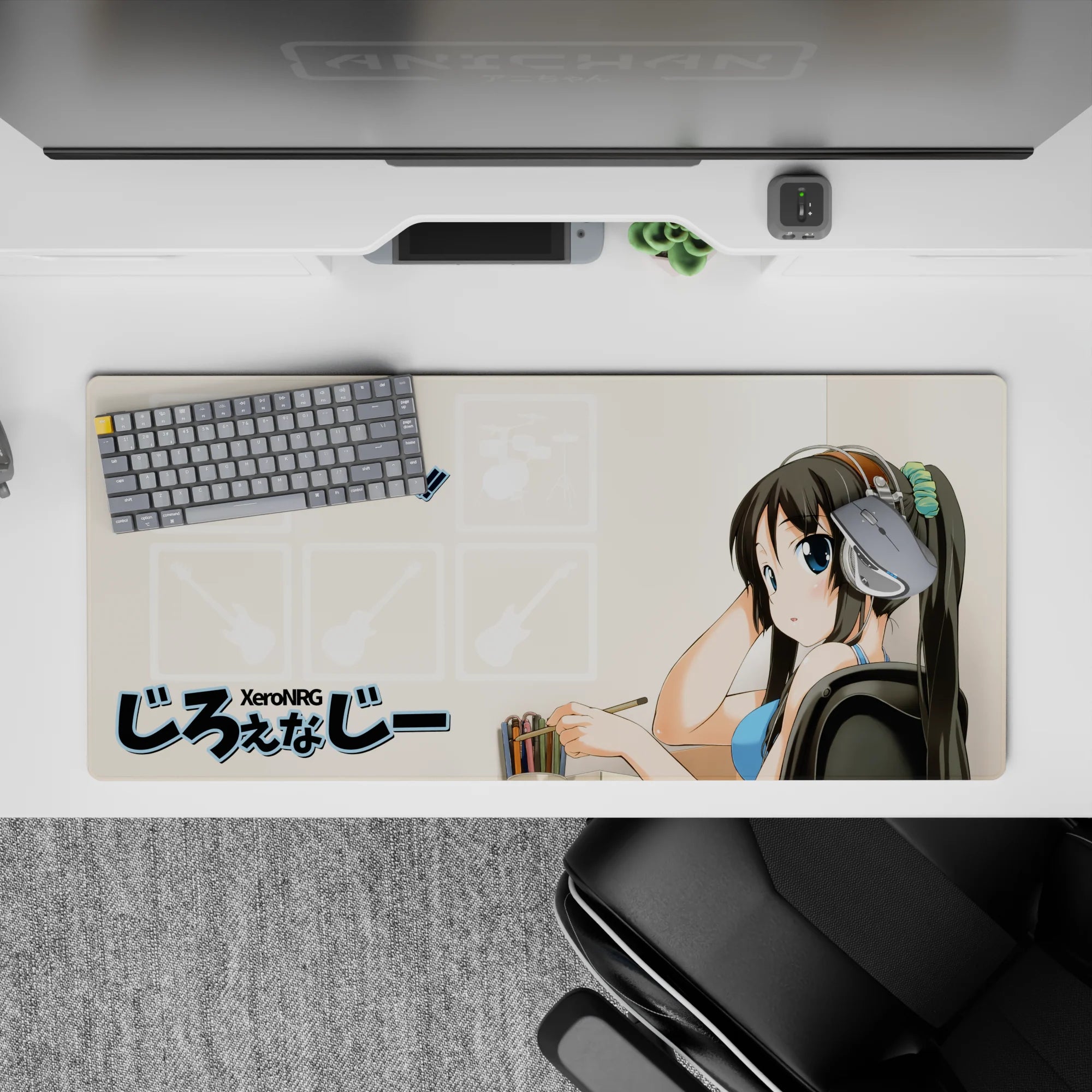 Cozy beige anime desk pad 36x16 inches, blue top pop and mint accents for calm creative focus.