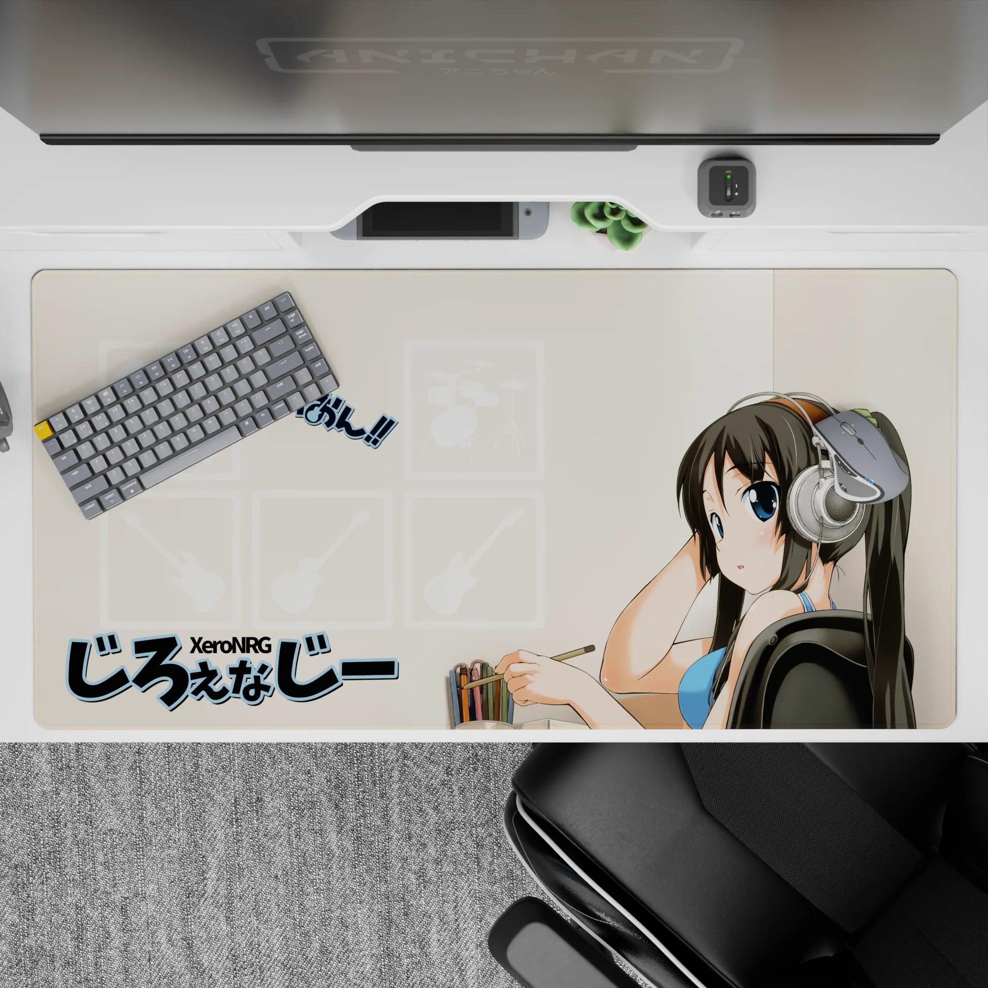 Cozy beige anime desk pad 40x20 inches with soft colors, clean lines, and K-ON! style charm.
