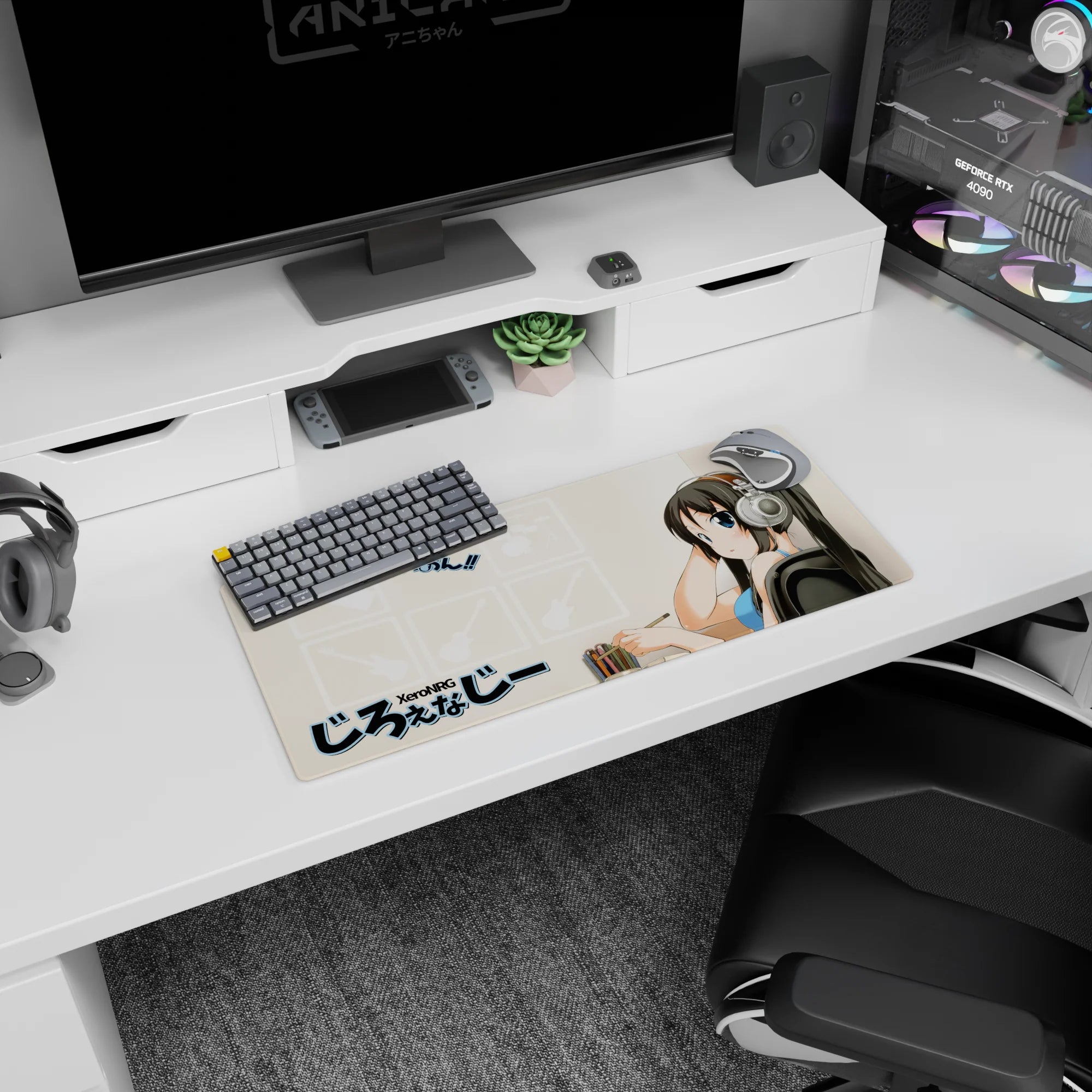 28x12 inches anime mouse pad showing a big-eyed girl turning back, pencil poised, ponytail with mint scrunchie.