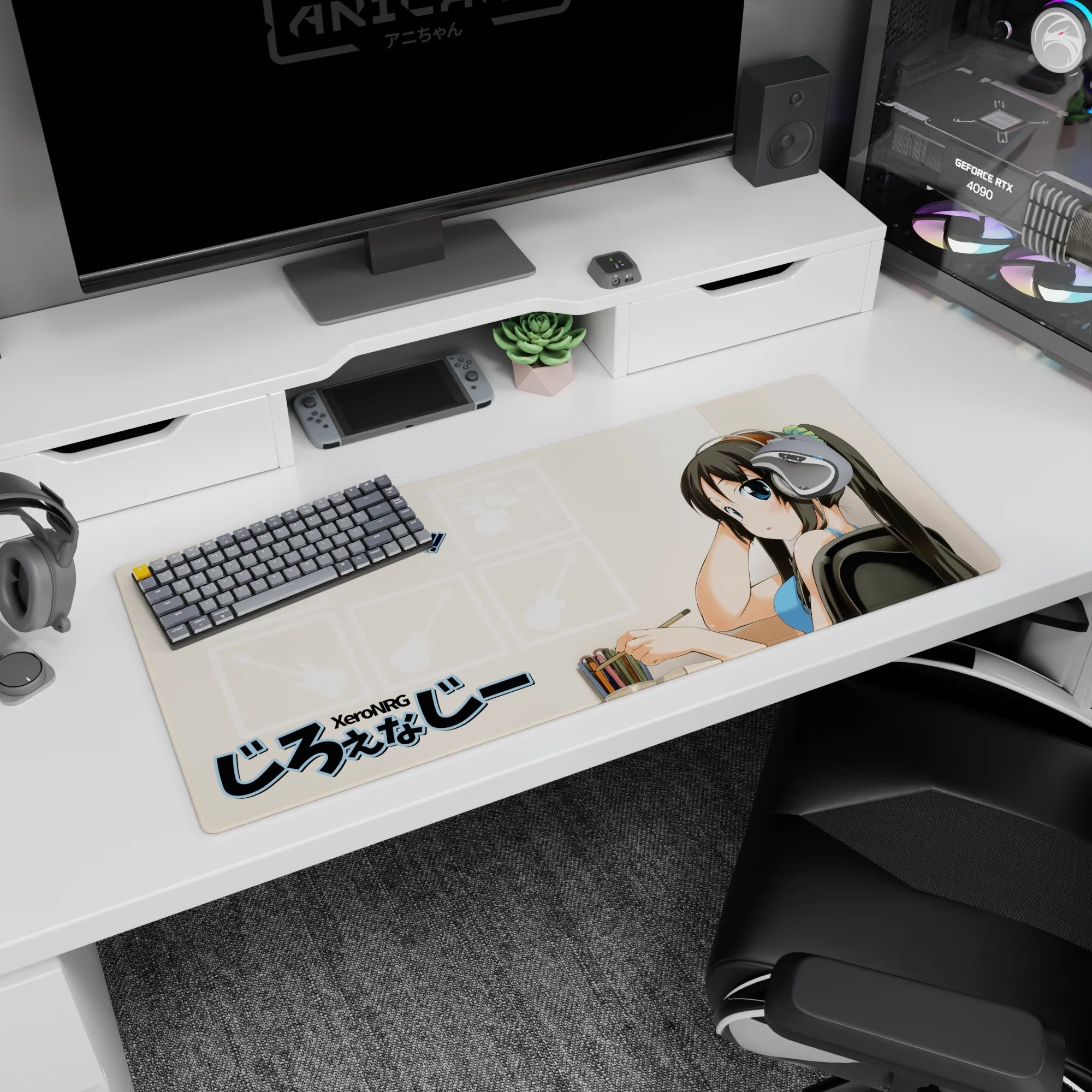 Big-eyed anime girl in silver headphones looks back, pencil ready, on 36x16 inches desk pad.