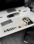 Big-eyed anime girl in silver headphones looks back, pencil ready, on 36x16 inches desk pad.