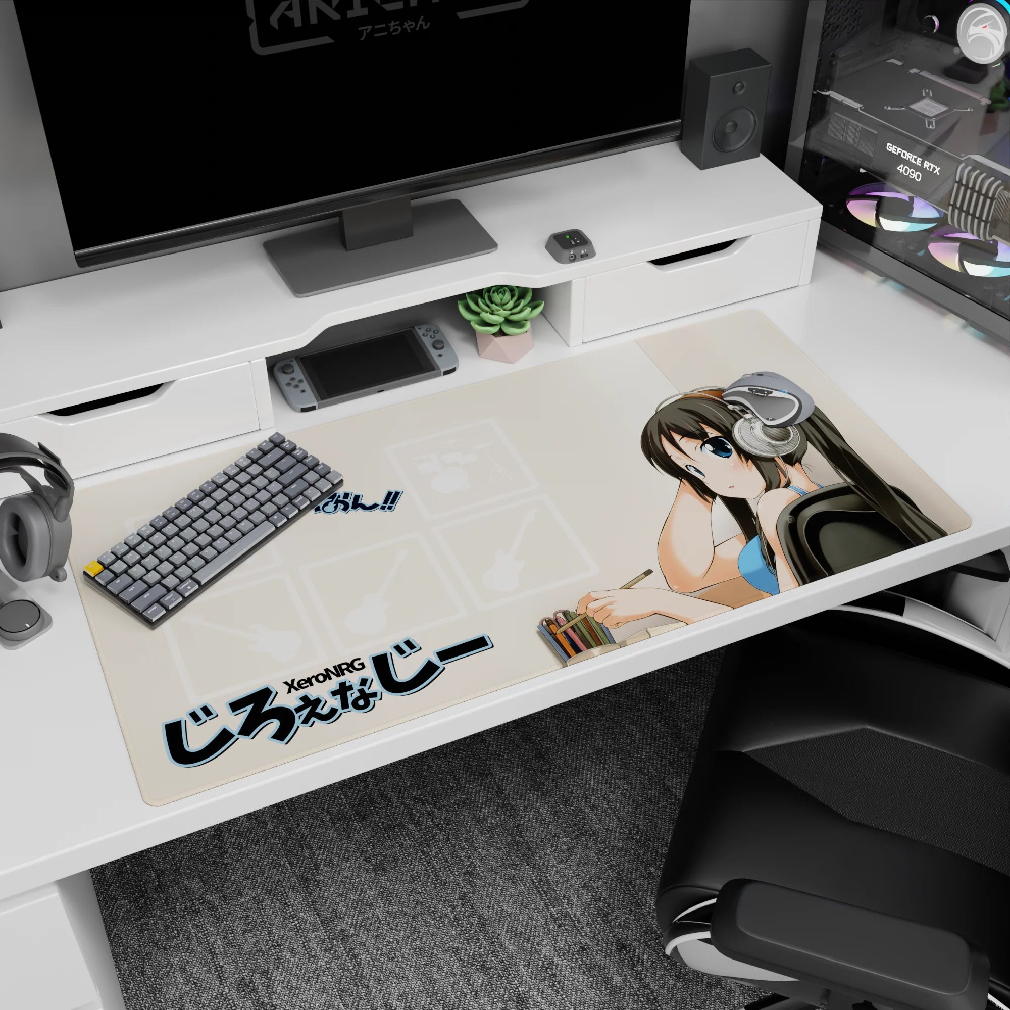 Big-eyed anime girl in silver headphones turns back, pencil poised, on a 40x20 inches desk pad.