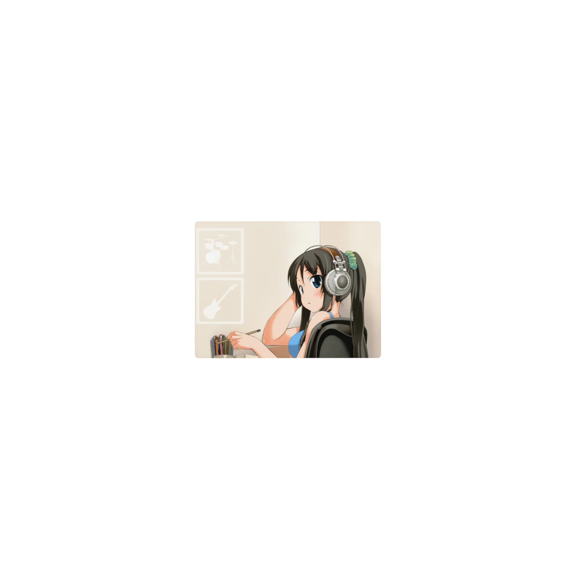 Classic anime girl mouse pad 14x10 inches, big-eyed girl in headphones, clean icons, studio desk vibe.